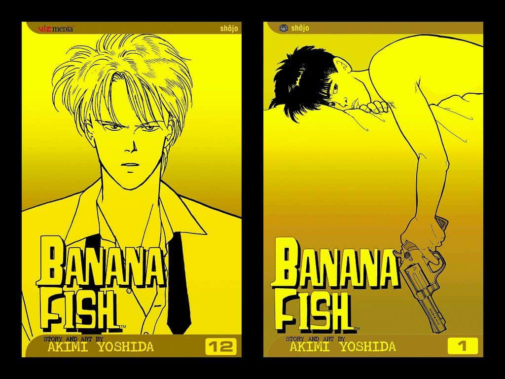 阿什·林克斯處於危險境地 壁紙 — 兩本《Banana Fish》漫畫封面，展示一位金髮西裝男子和一位黑髮持槍男子，背景為大膽的黃色漸變。