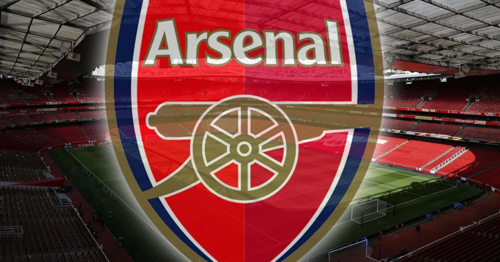 Arsenal 桌布 壁紙 — 阿仙奴會徽主導了球場景觀，下方有紅色座位和綠色草坪。