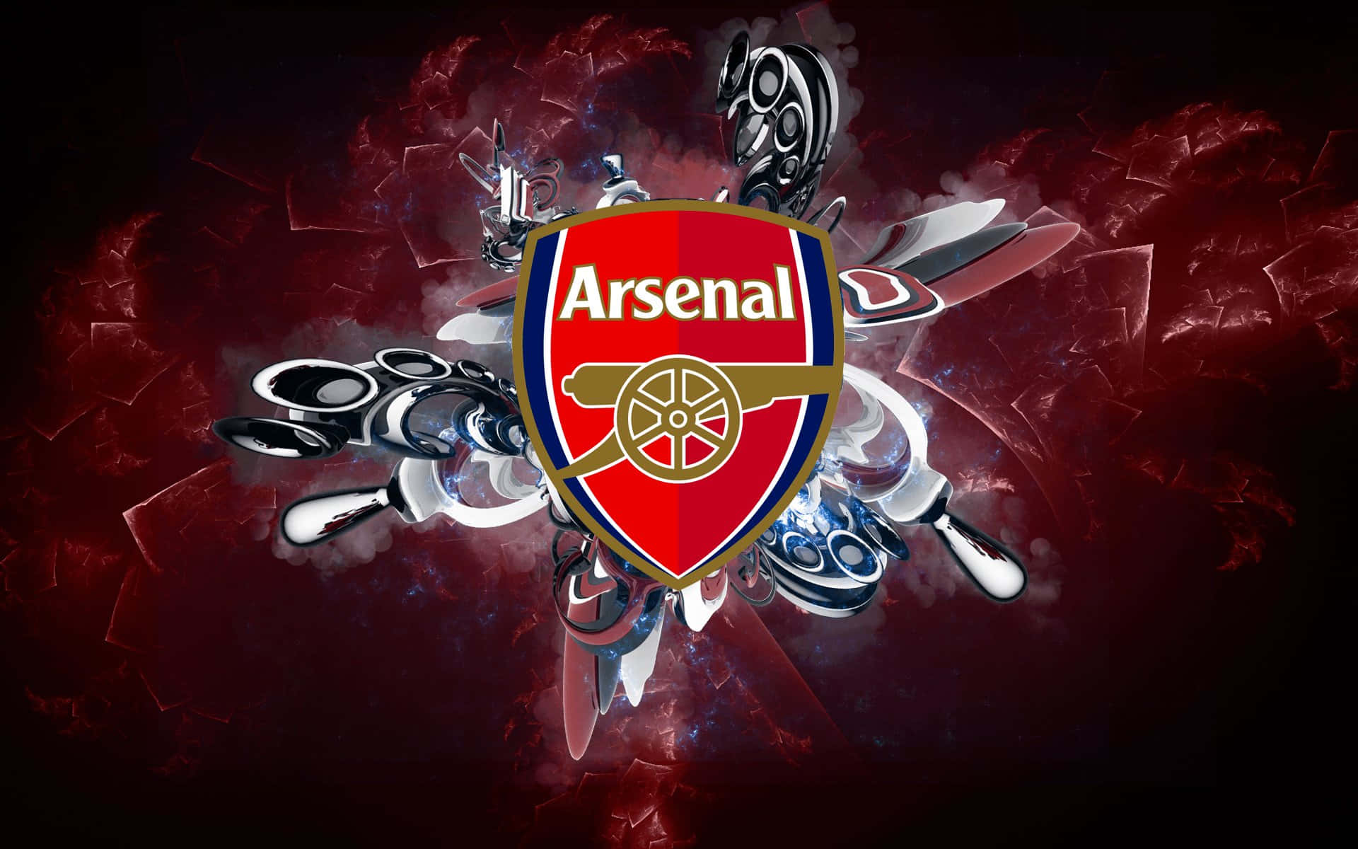 Arsenal 桌布 壁紙 — 阿仙奴會徽在碎裂的紅色背景上散發金屬碎片和發光能量。