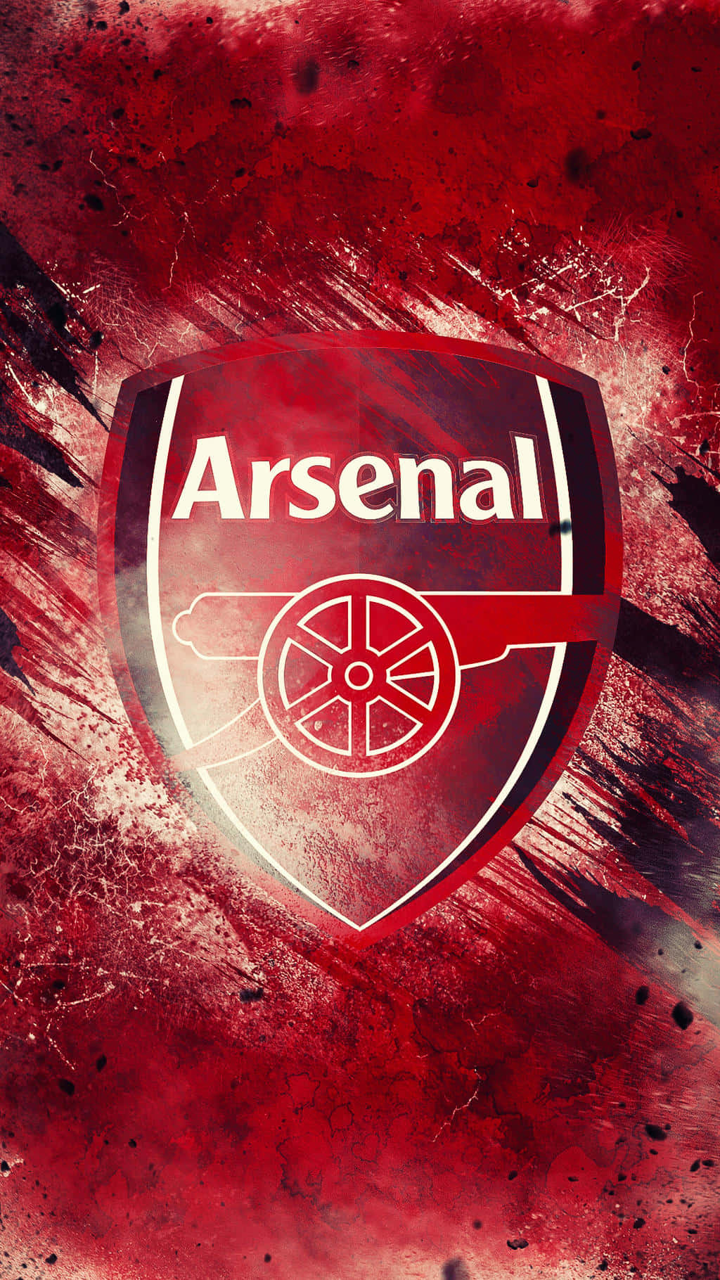 Arsenal 桌布 壁紙 — 阿仙奴足球會徽章，白色輪廓盾牌，置中於紋理紅色潑濺背景上。