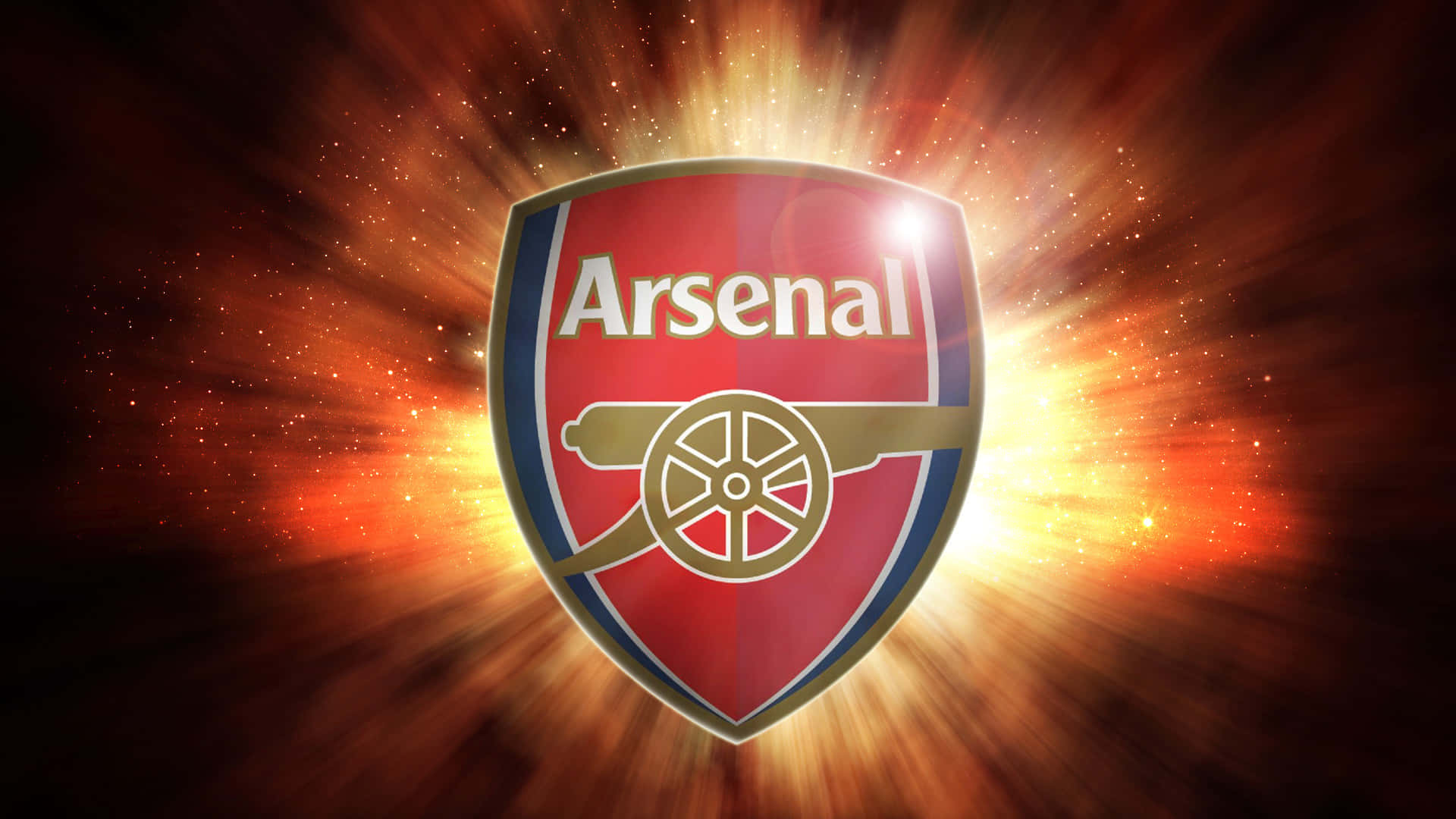Arsenal 桌布 壁紙 — 阿仙奴足球會徽章在深紅色和橙色的爆發背景下散發出熾熱的金色光芒。