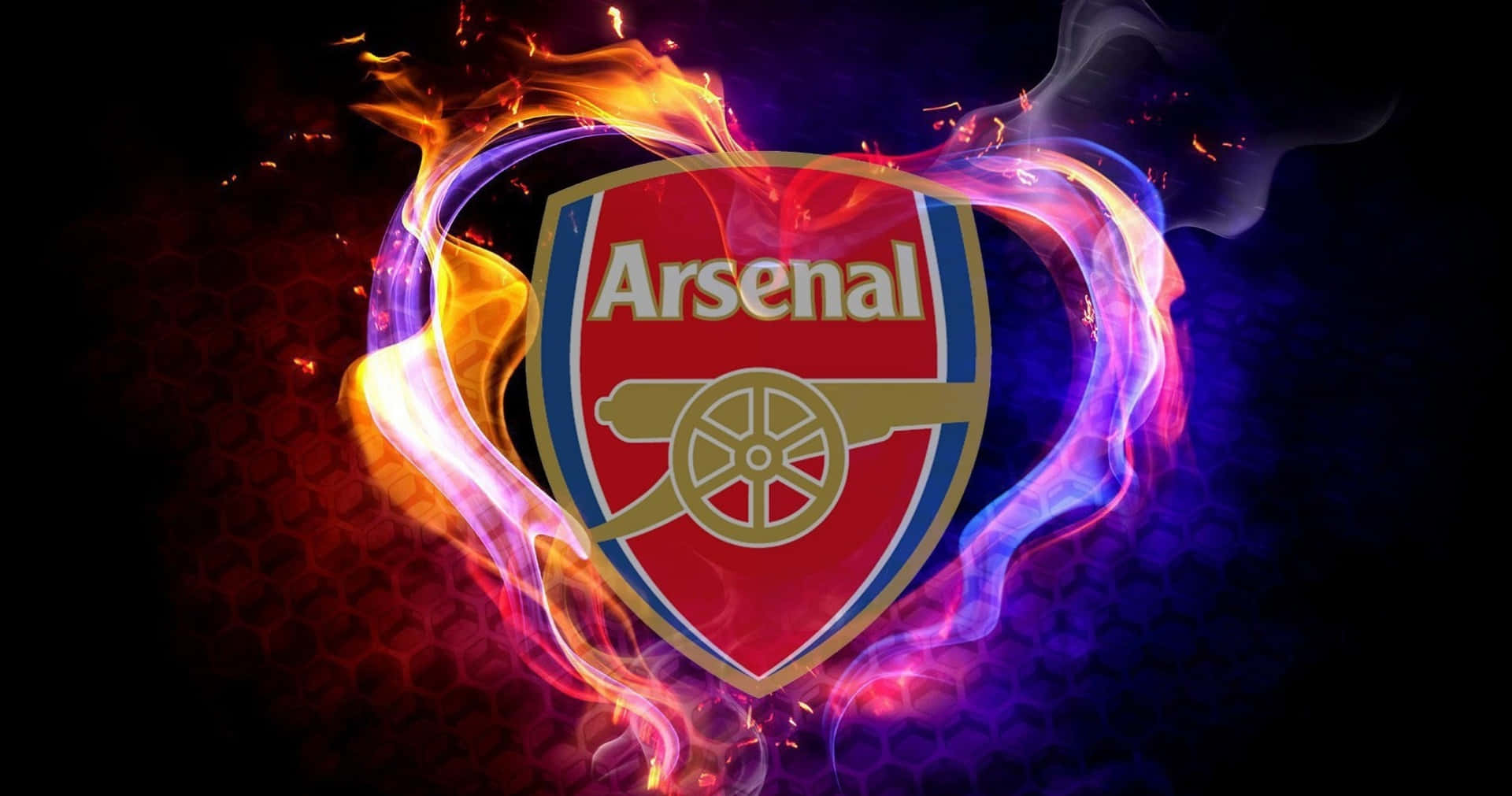 Arsenal 桌布 壁紙 — 阿仙奴足球會徽章在深色六邊形背景上被鮮豔的橙色和紫色火焰包圍。
