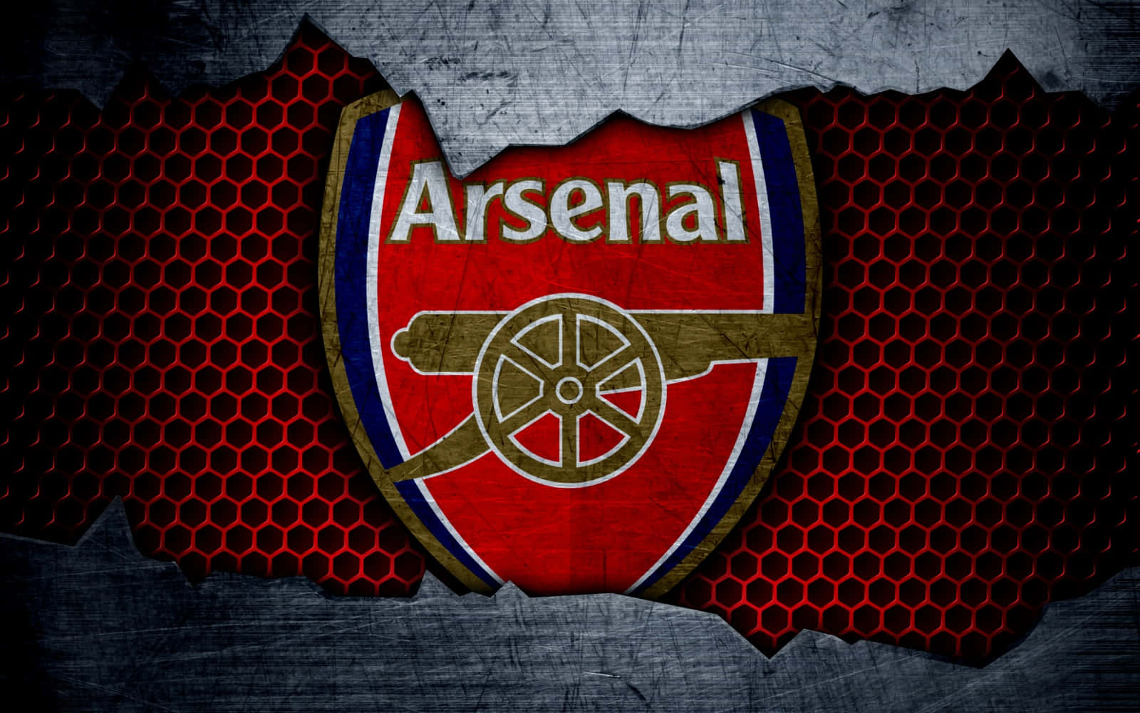Arsenal 桌布 壁紙 — 阿仙奴足球會徽章從撕裂的金屬表面顯現，露出背後的紅色六角網格。