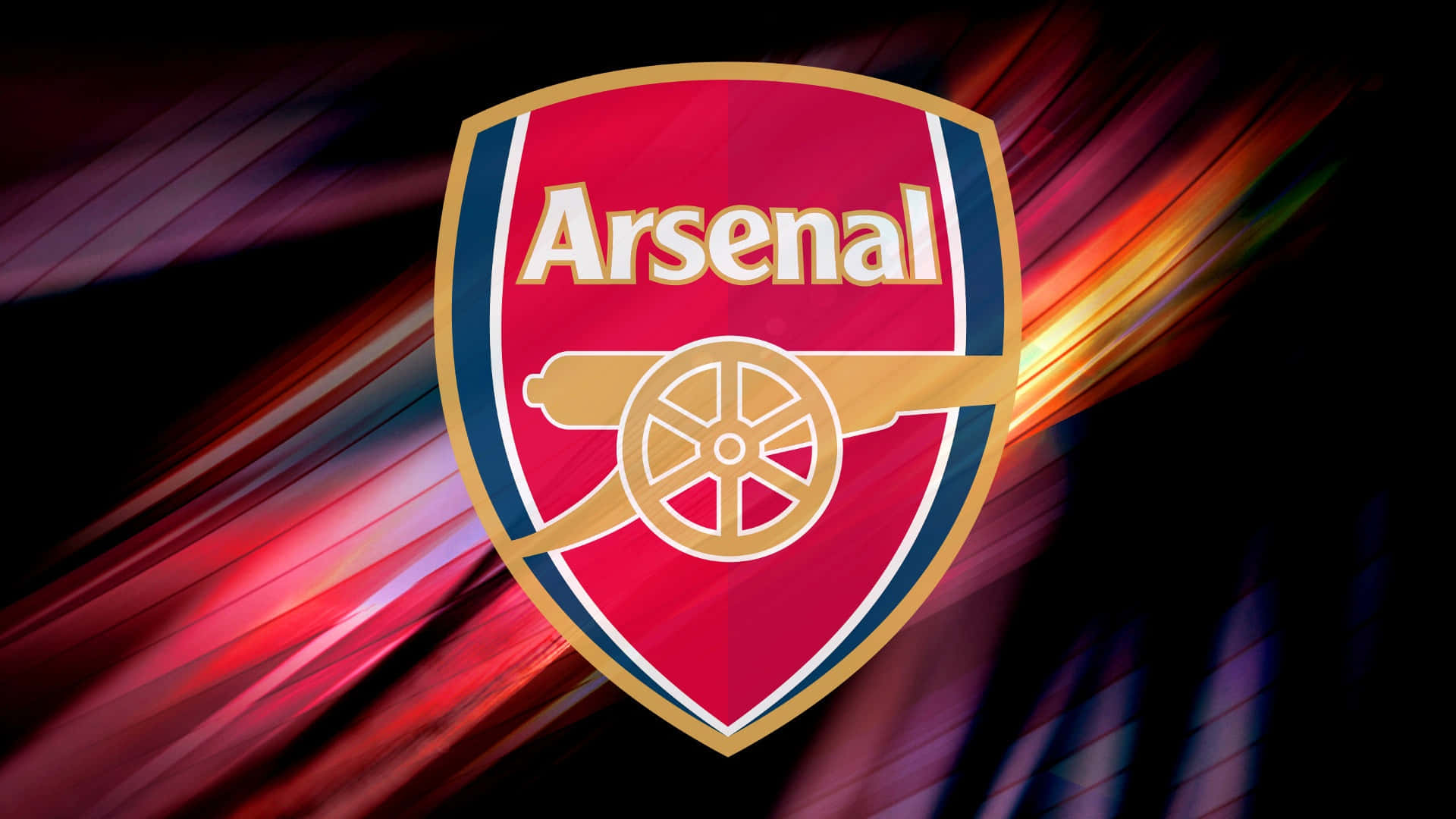 Arsenal 桌布 壁紙 — 阿仙奴足球會徽章置於動感抽象背景中央，背景有紅色、橙色和紫色的光線條紋。