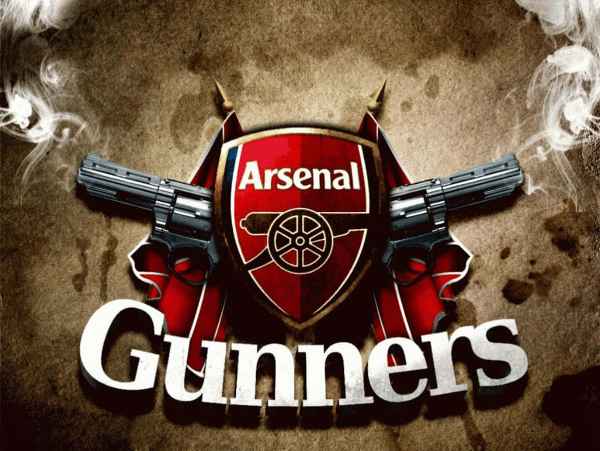 Arsenal 桌布 壁紙 — 阿仙奴足球會標誌，帶有交叉的左輪手槍和煙霧，背景為紋理棕色。
