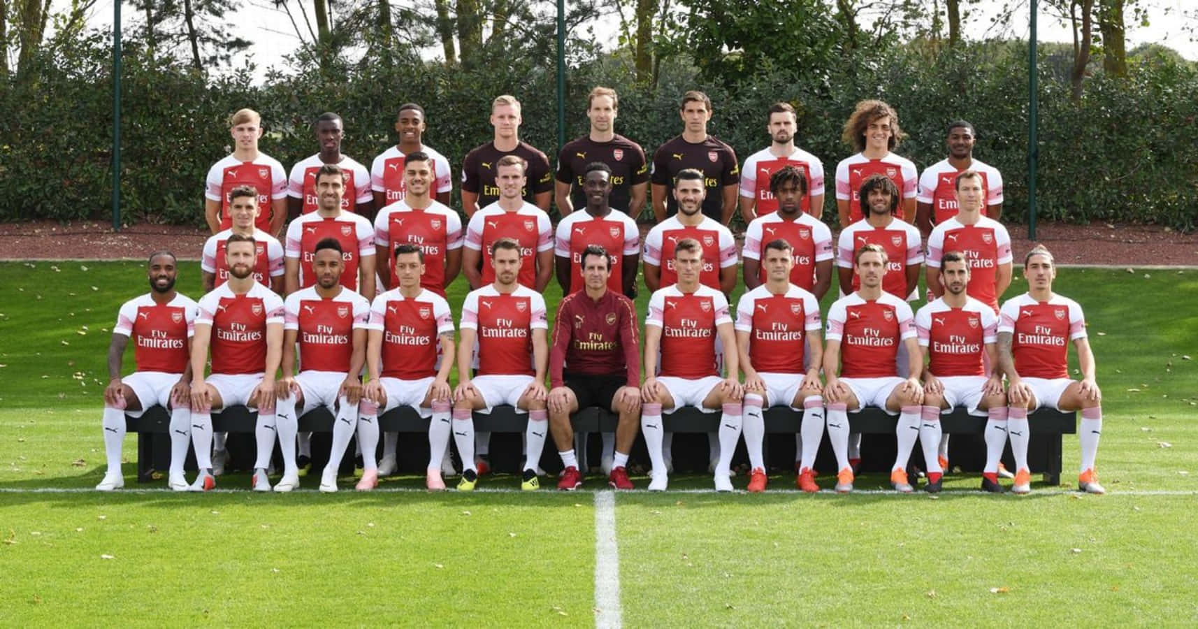 Arsenal 桌布 壁紙 — 阿仙奴足球隊身穿紅白球衣，在綠色球場上擺姿勢，背景有樹木。