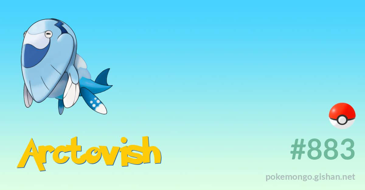 阿克托維什寶可夢編號 壁紙 — 一隻名為 Arctovish 的卡通藍色魚類寶可夢在漸變天空背景下游泳，並顯示其精靈球編號和名稱。