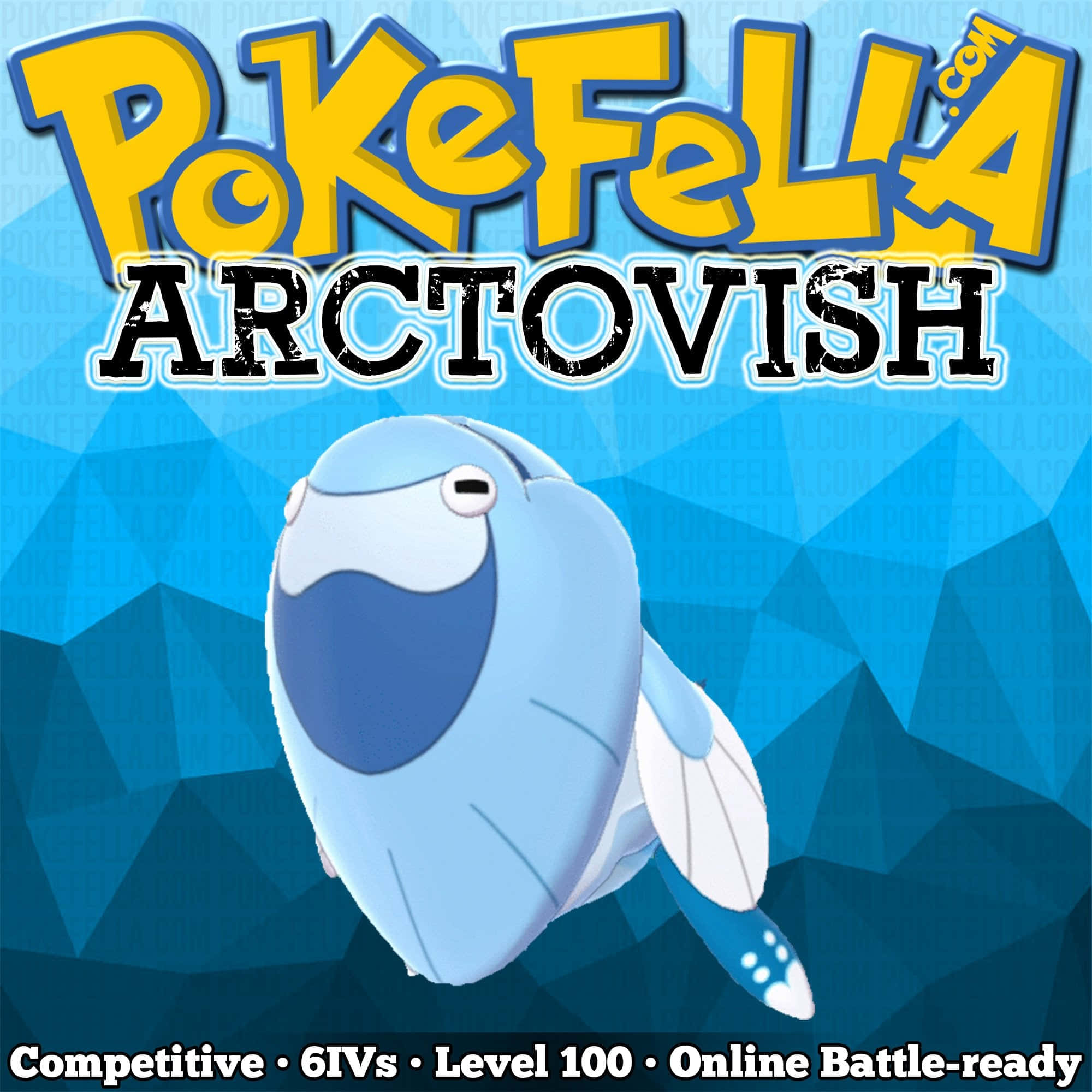 阿克托維斯PokeFella 壁紙 — 一隻風格化的藍色 Arctovish 寶可夢漂浮在幾何藍色背景上，帶有粗體文字疊加。