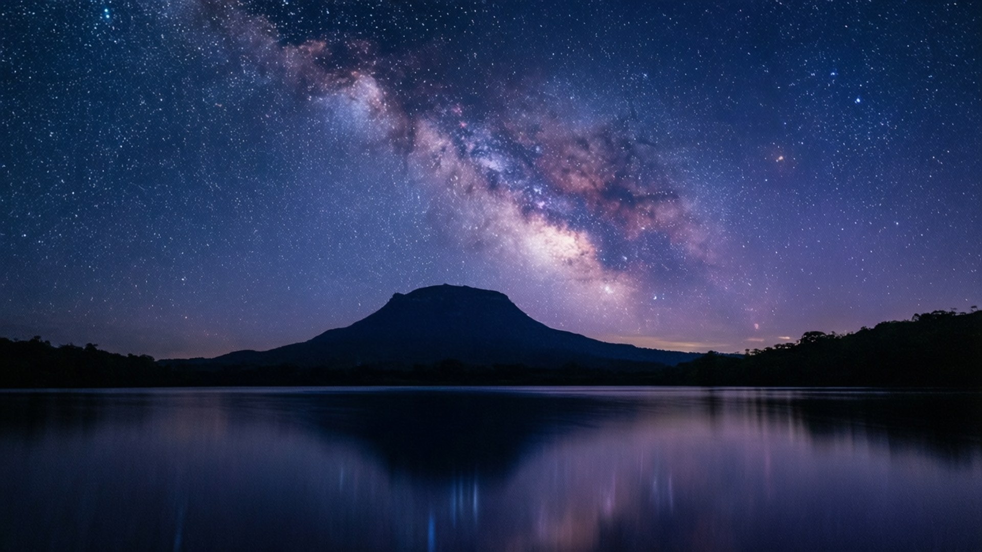 阿克洛巴星夜靜謐 壁紙 — 一座雄偉的山脈輪廓在充滿活力的星空下倒映，銀河在平靜的湖面上拱起。