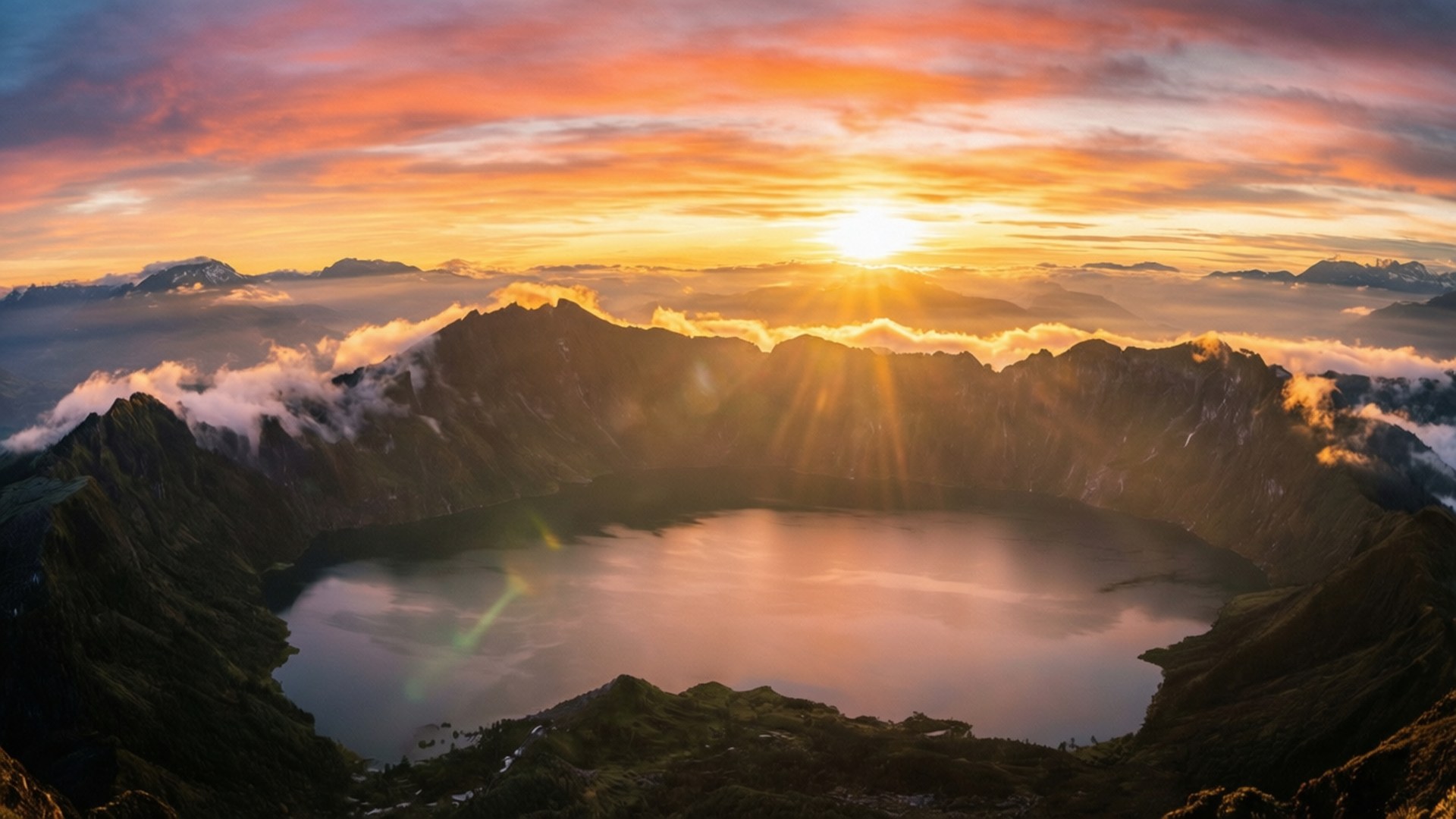 阿克洛巴金色日出 壁紙 — 日出在火山口內的霧氣山湖上繪出火紅的天空。