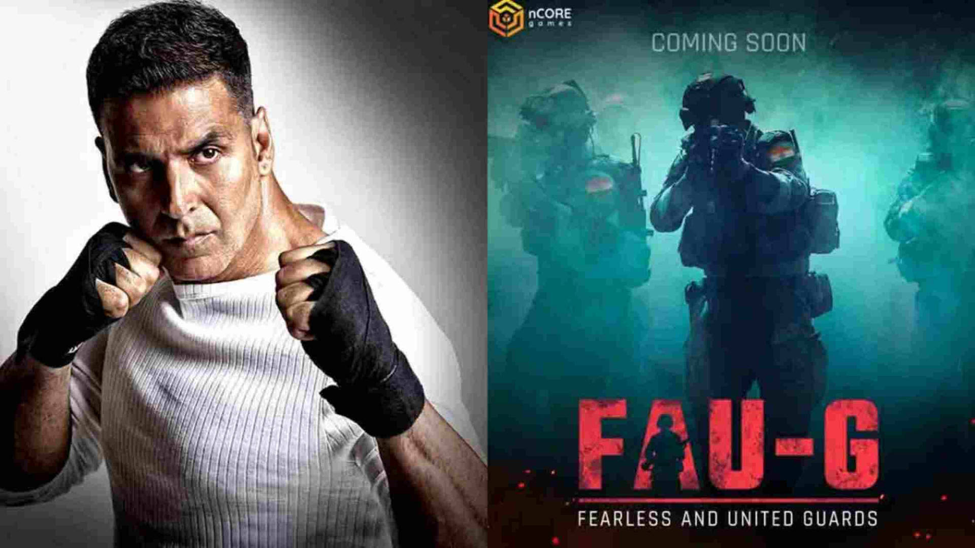 演員戴著拳擊手套站在軍人旁邊，為 FAU-G 遊戲海報