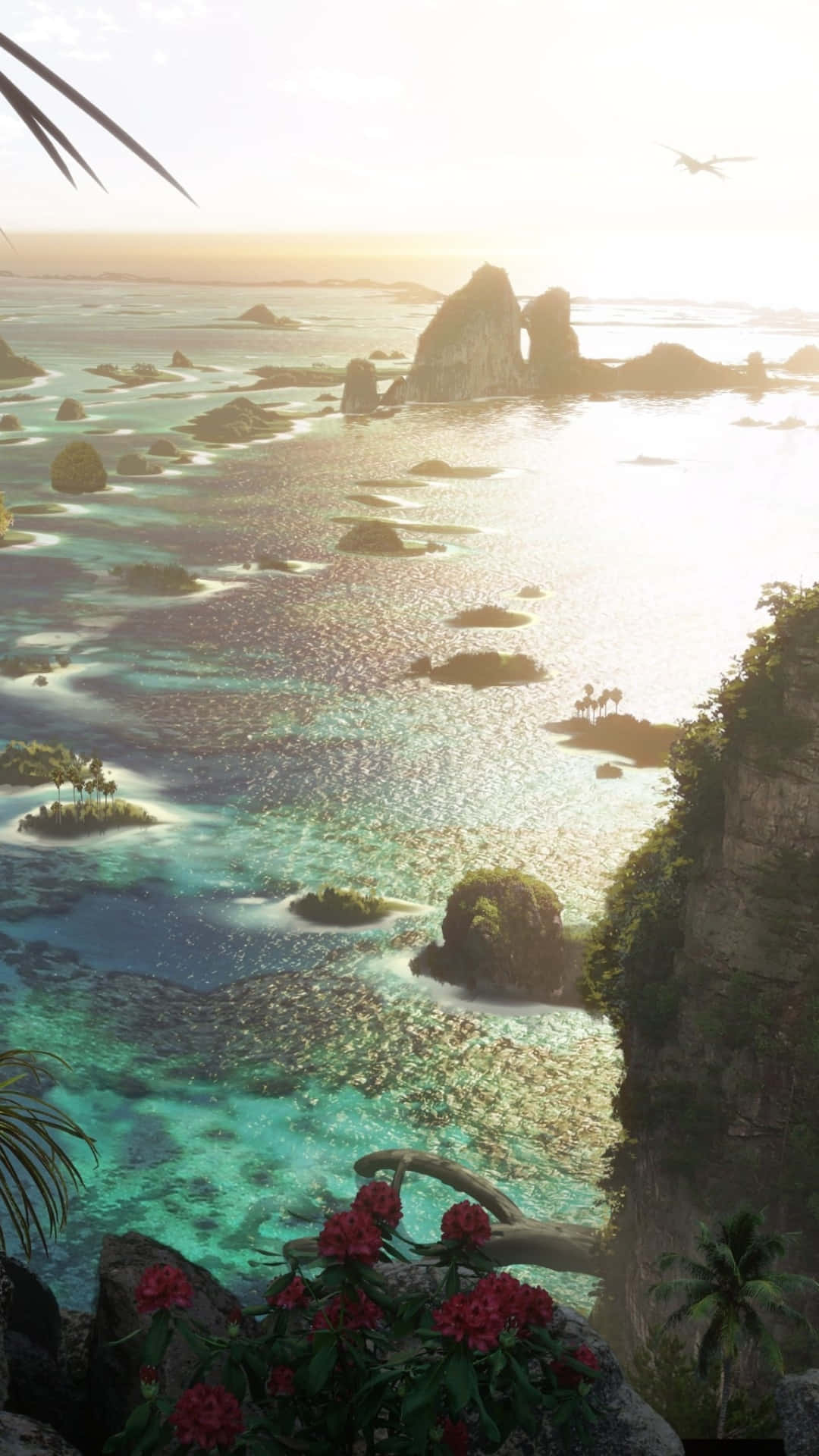 阿凡達2：水之道 - 潘多拉島嶼 壁紙 — 陽光照耀在碧綠色的海面上，點綴著鬱鬱蔥蔥的熱帶小島和懸崖，懸崖上點綴著鮮紅色的花朵。