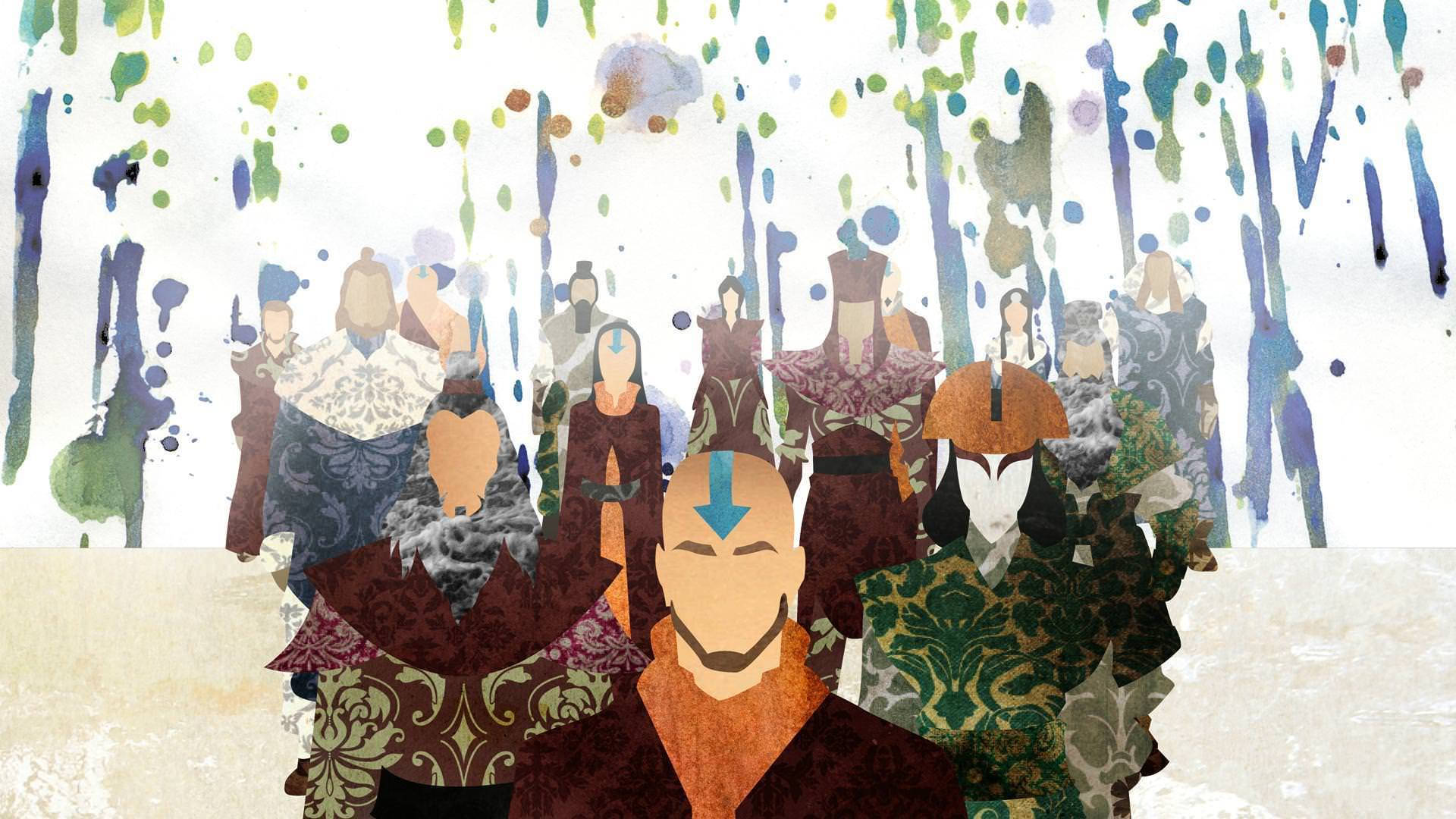 阿凡達土元素循環彩繪 壁紙 — 一幅風格化的插圖，描繪了《阿凡達》中不同角色在色彩繽紛的顏料飛濺下站在一起。