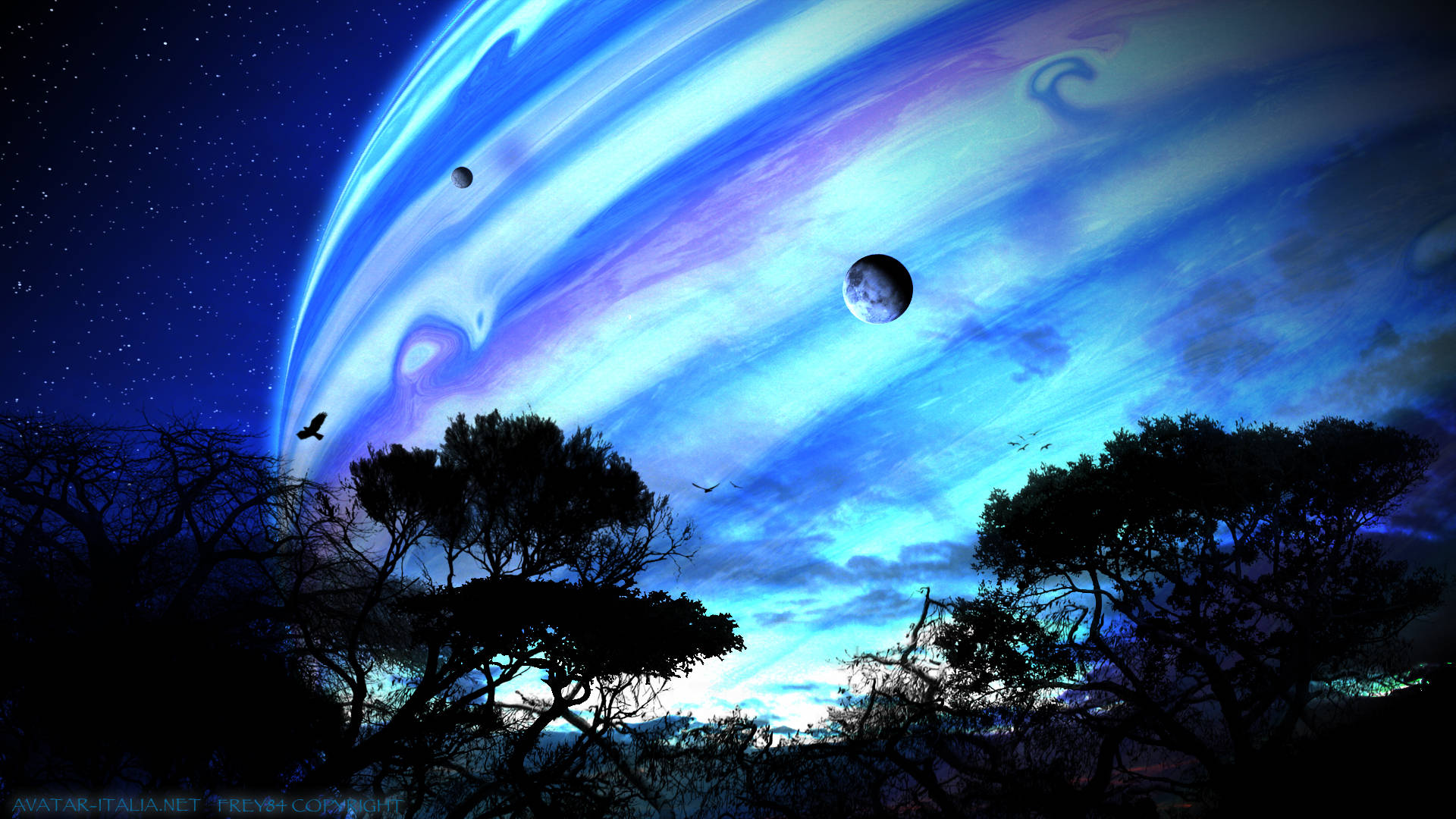 剪影樹木襯托著鮮豔的外星行星和漂浮在繁星點點夜空中的衛星。