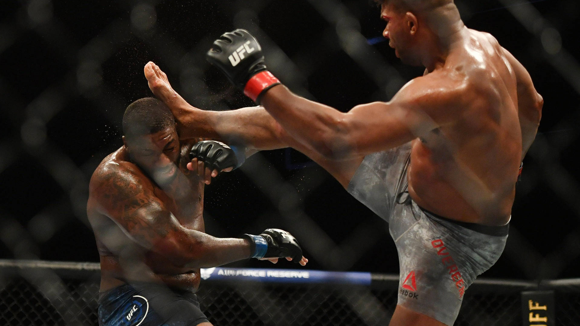 籠中兩名MMA拳手，一人踢中另一人頭部。