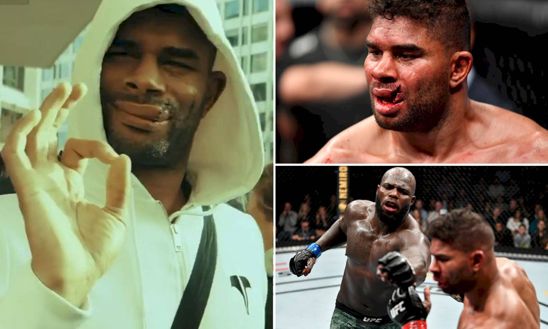 三位MMA拳手在搏擊運動賽事中的動作姿勢。