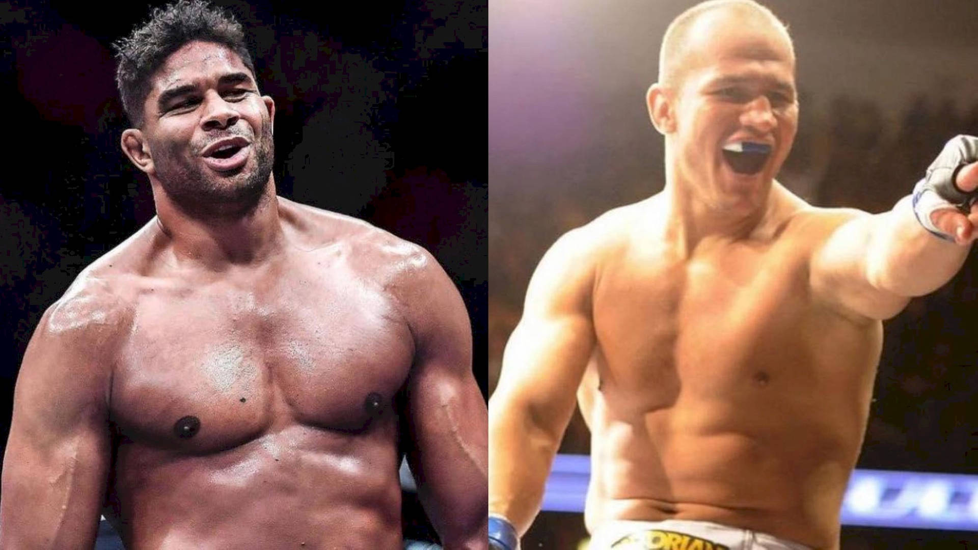 兩名赤膊的男性戰士在明亮的競技場上以勝利的呼喊慶祝勝利。