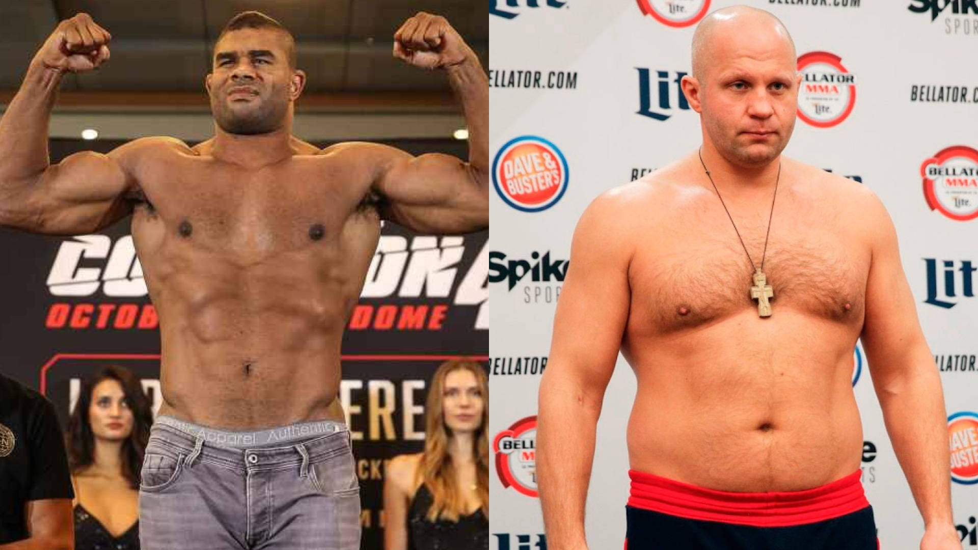 兩名赤裸上身的男性MMA拳手在稱重活動中擺姿勢，背景有品牌背景板。