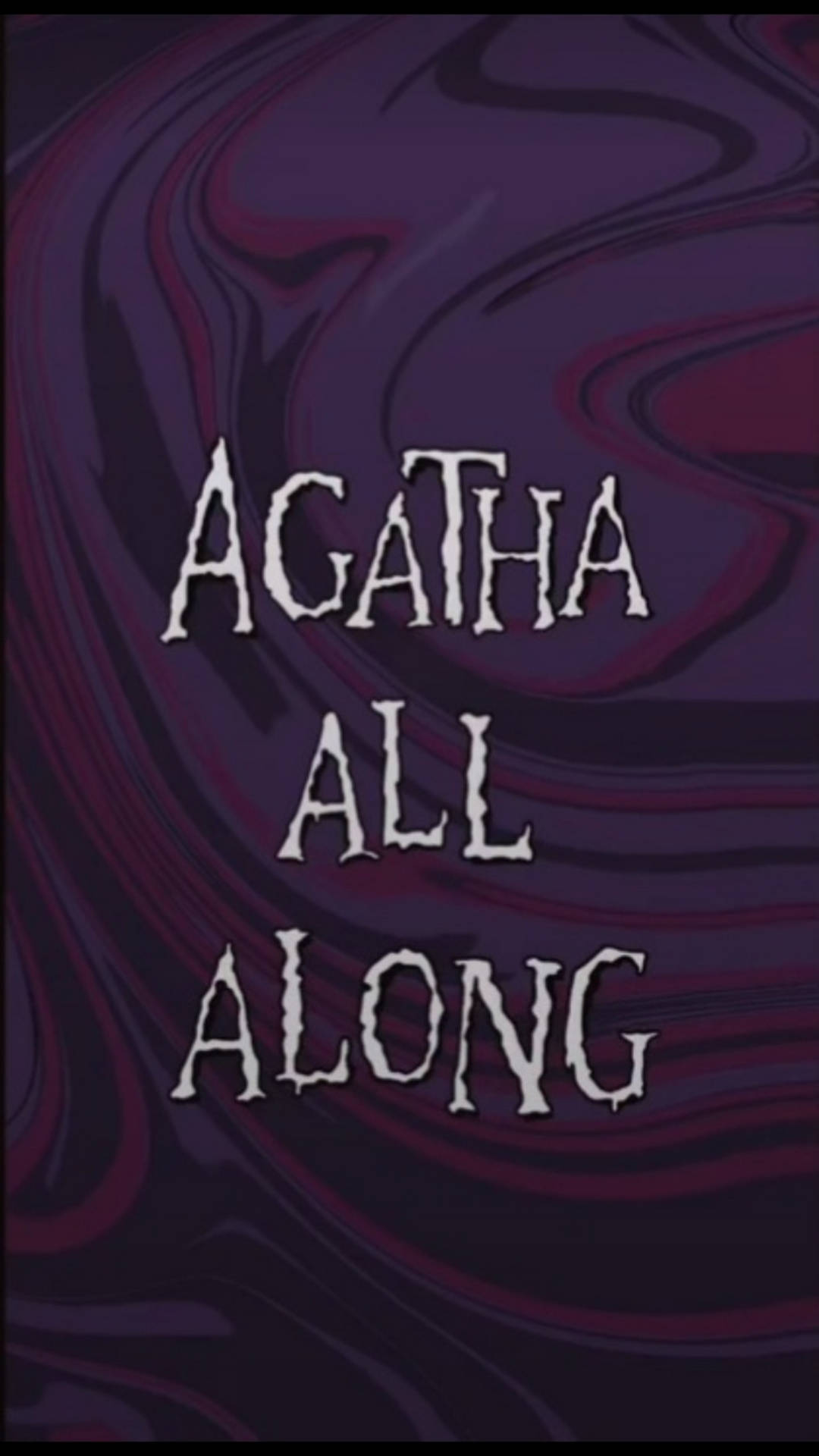 在深紫色和洋紅色旋轉背景上的「Agatha All Along」文字