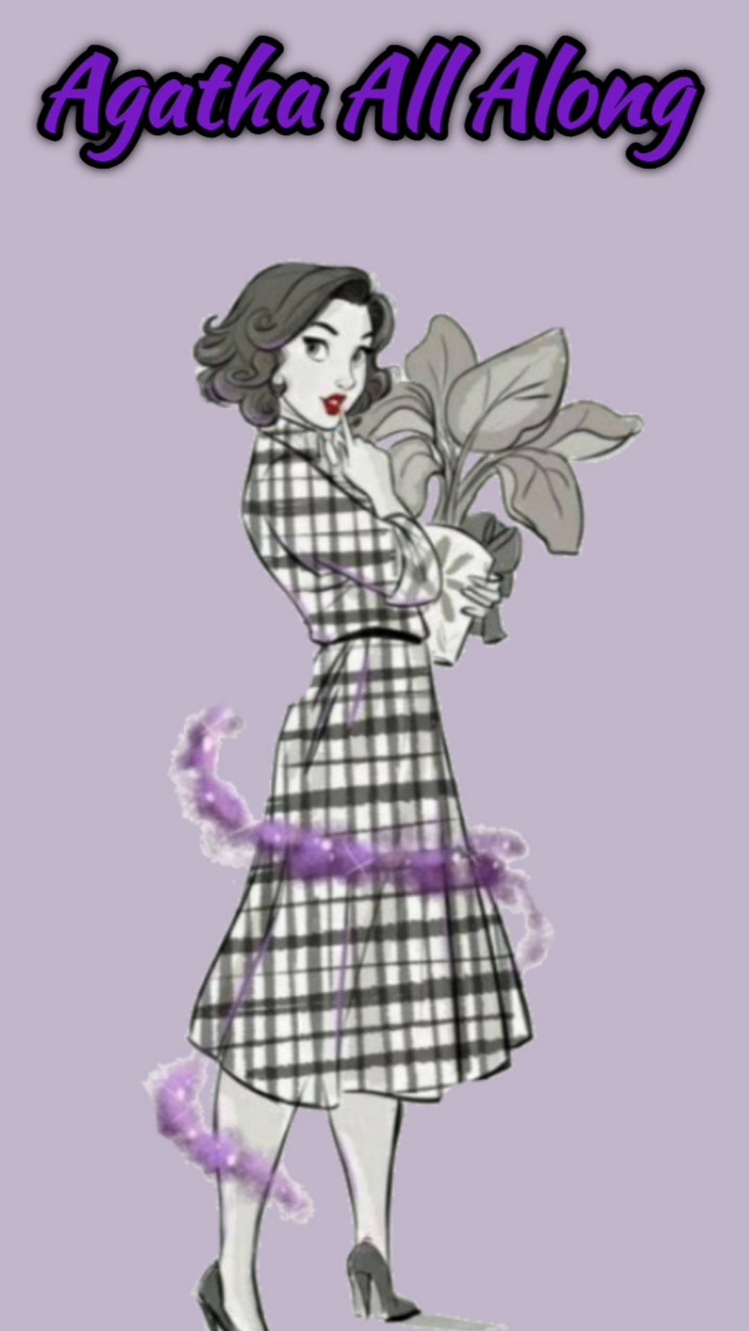 穿著格子裙的插畫女性，手持一株有紫色能量藤蔓盤旋的植物。