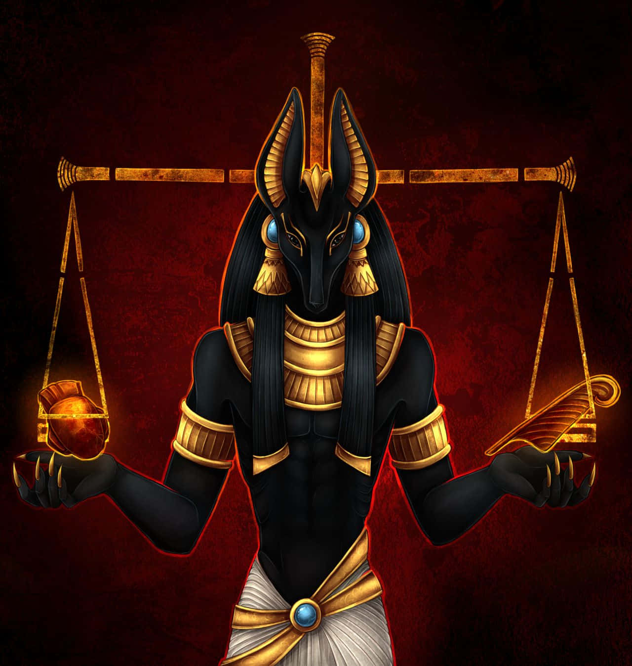 Egyptian Gods 桌布 壁紙 — 阿努比斯威嚴地站立，手持天秤和羽毛，背景是深紅色，身穿金色象形文字盔甲。