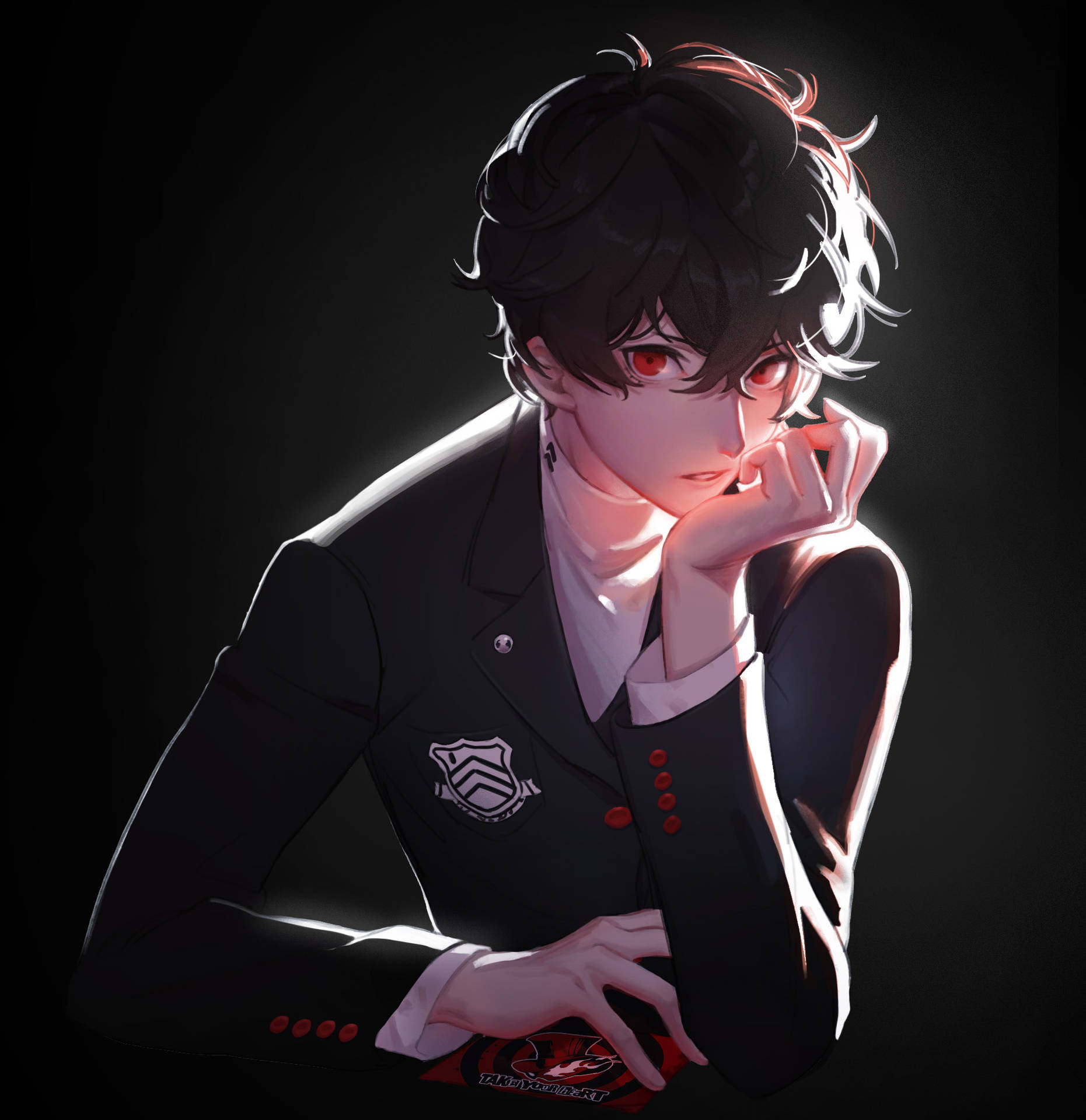 動漫男孩身穿校服，紅眼睛，在黑暗環境中用手托著下巴