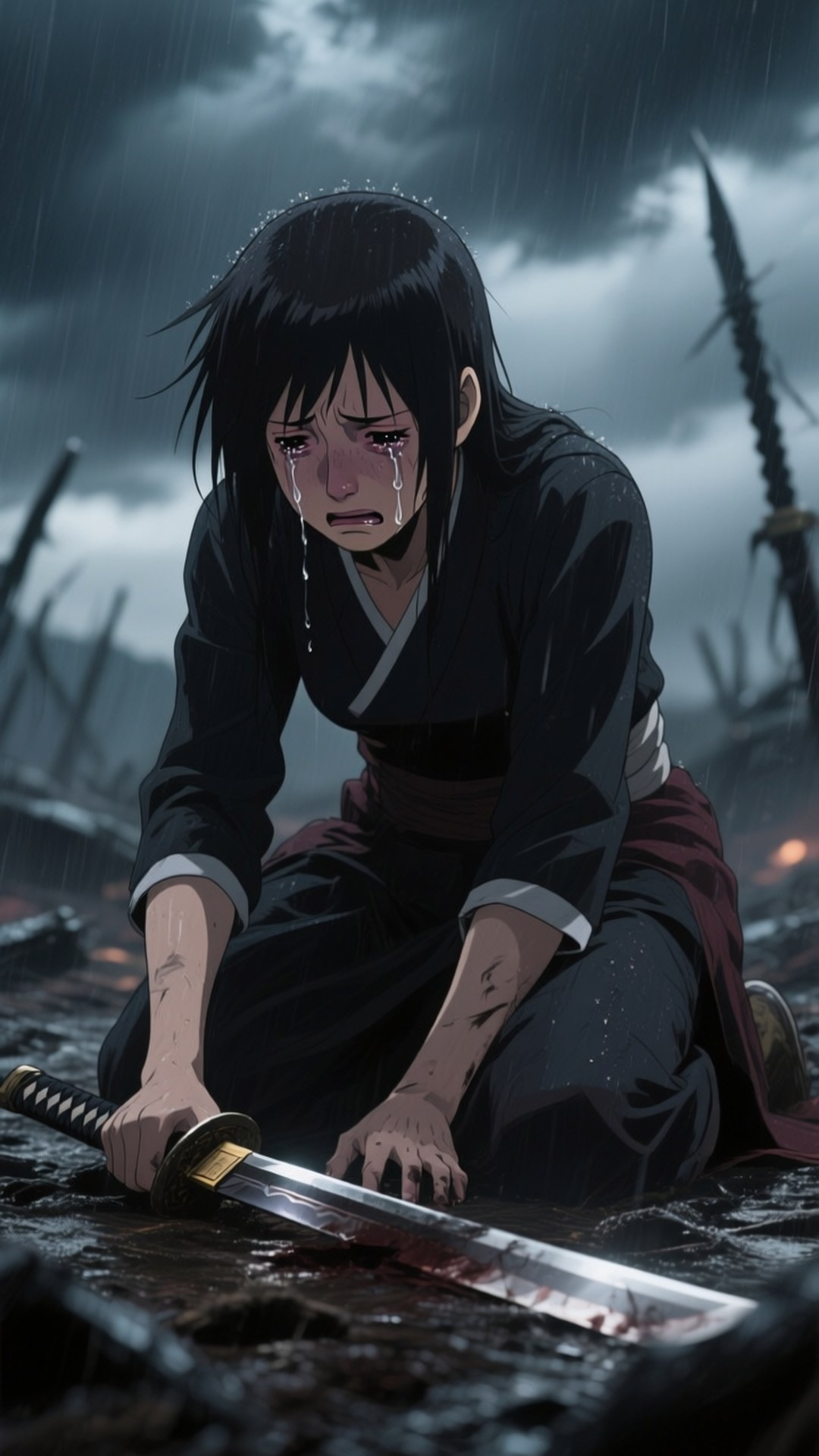一個哭泣的動漫戰士跪在雨中，手持血淋淋的劍在戰場上。