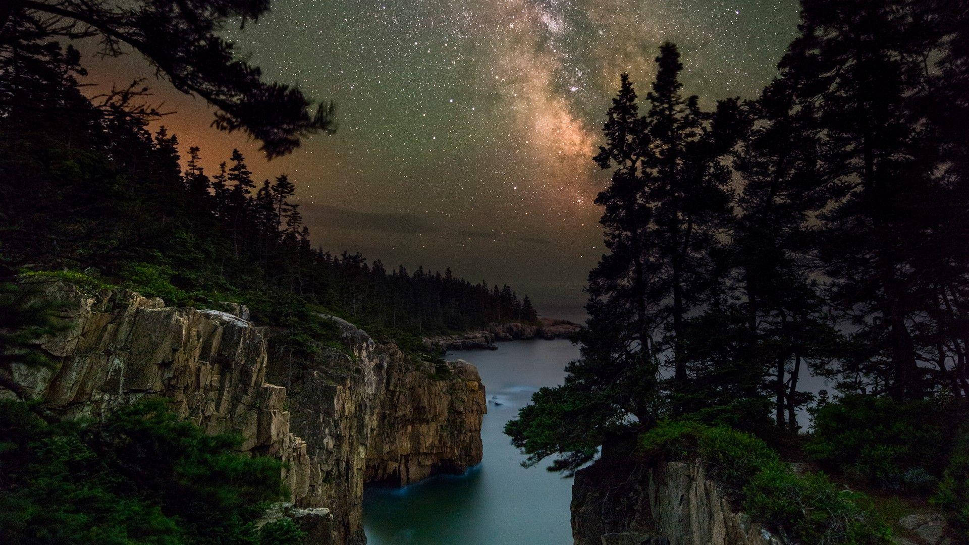 銀河系在繁星點點的夜空上，下方是一個僻靜的小海灣，四周環繞著深色松樹和崎嶇的懸崖。