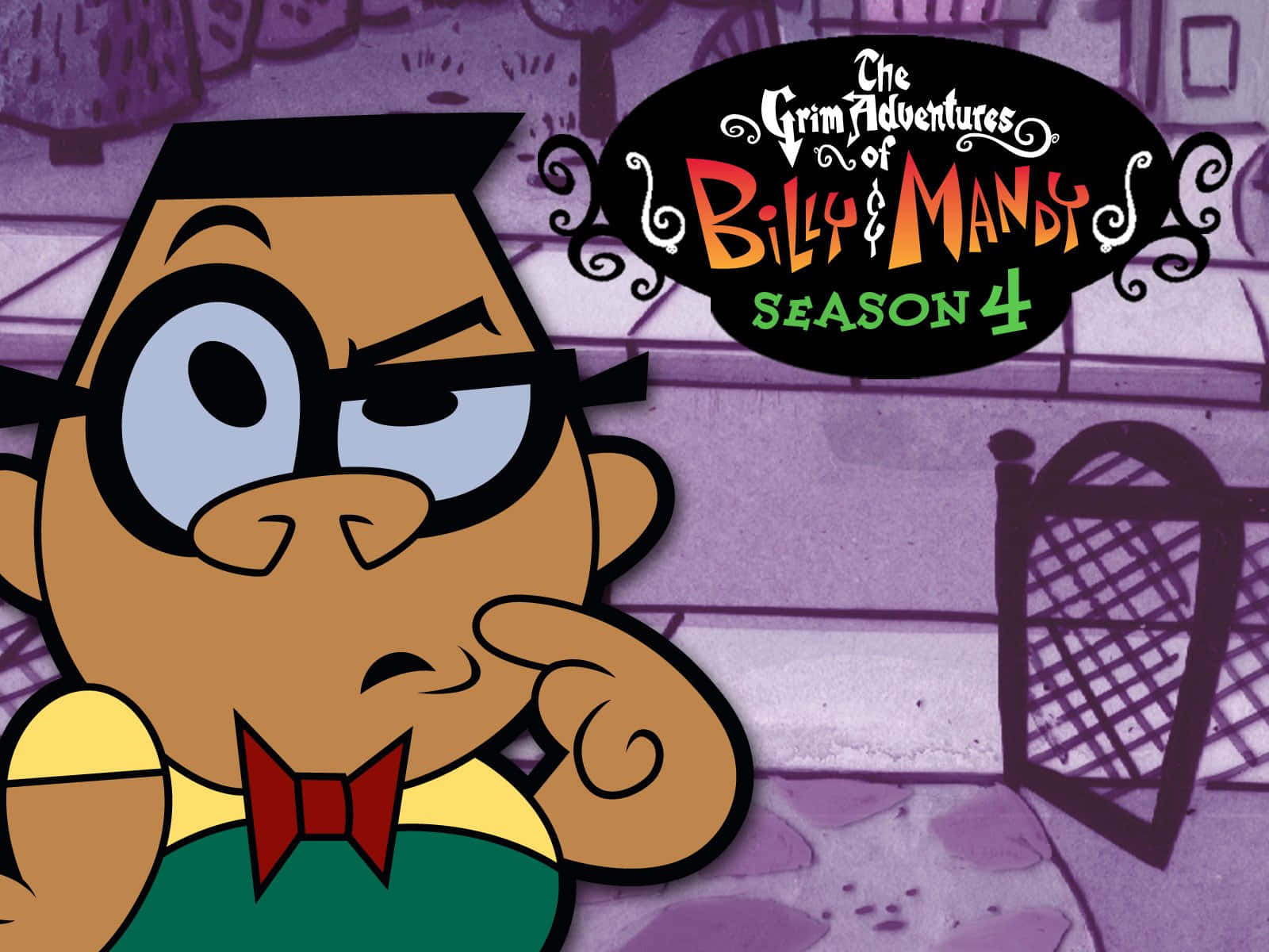 the grim adventures of billy and mandy 桌布 壁紙 — 《阿嗨大冒險》嘅比利單起一隻眼，手指托住下巴，喺紫色城市背景下憤怒地瞪視。