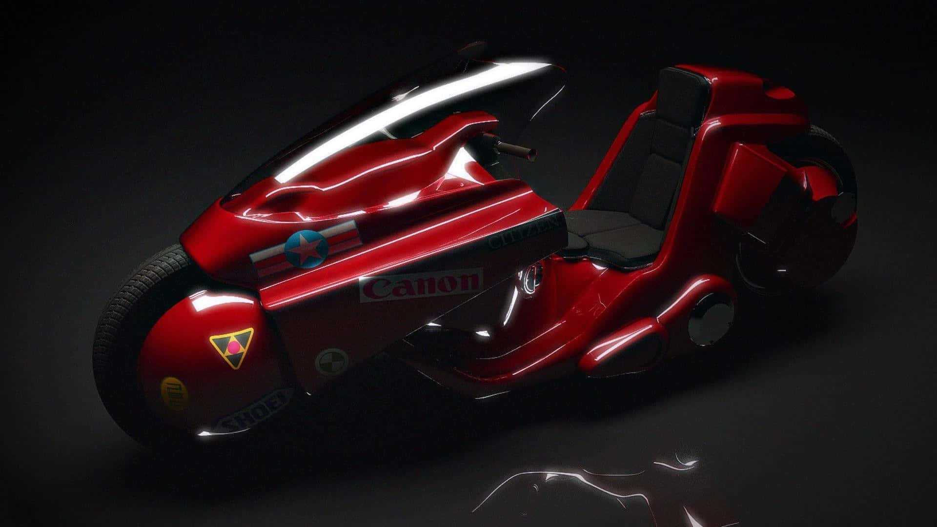 《阿基拉》3D紅色自行車圖 壁紙 — 一輛時尚的紅色未來感電單車，帶有發光的白色點綴和 Canon 品牌標誌，在黑色背景下的工作室燈光中閃耀。
