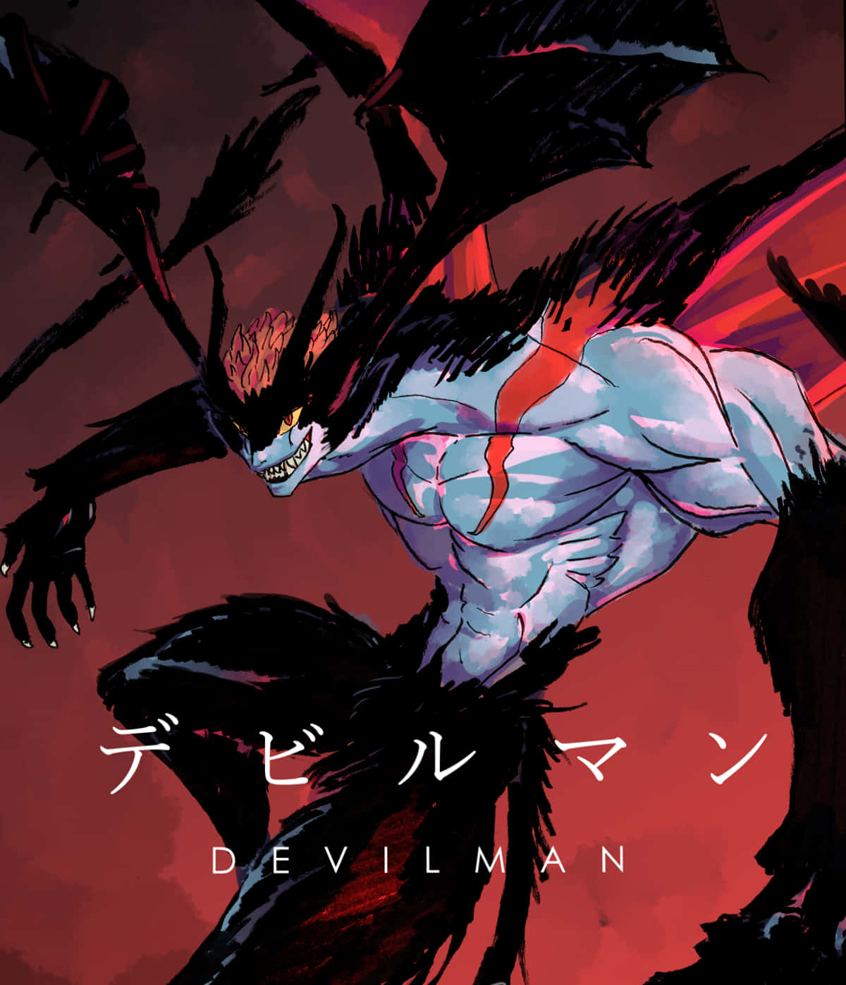 Devilman 動漫角色，擁有黑色翅膀和紅色標記，向前猛衝。