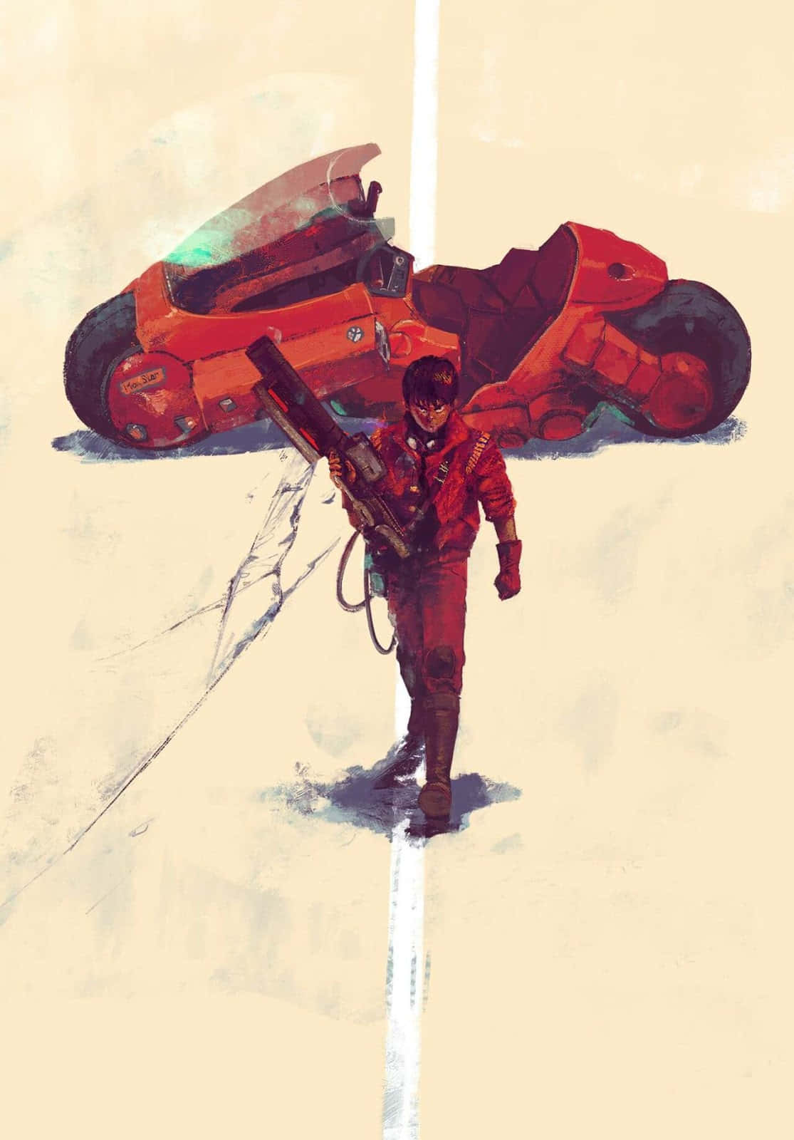 《阿基拉》巖田健二與紅車水彩圖 壁紙 — 一名孤獨的騎手身穿紅色裝備，站在一輛未來風格的紅色摩托車旁，背景是白色道路和朦朧天空。