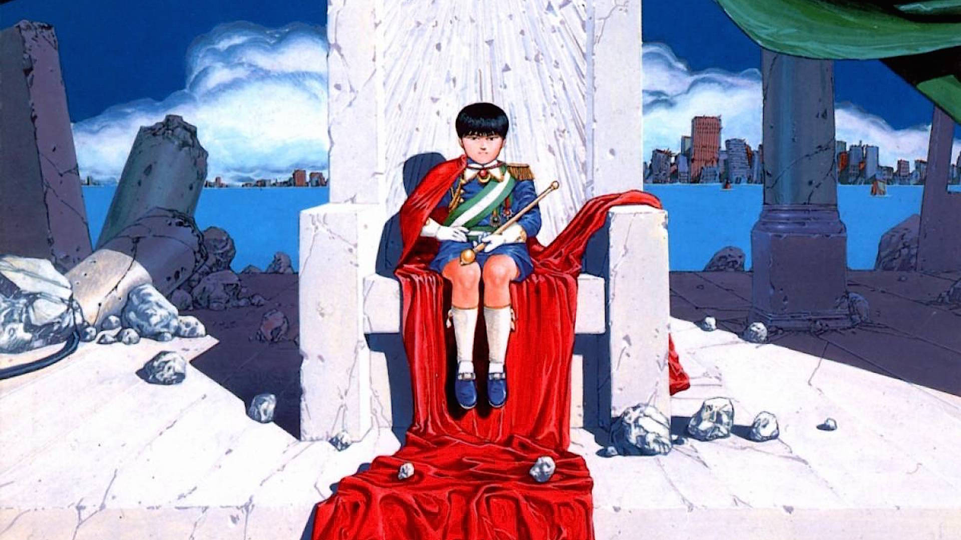 一個穿著紅色斗篷的小男孩坐在廢墟城市景觀中的大理石寶座上，背景有海洋和天際線。