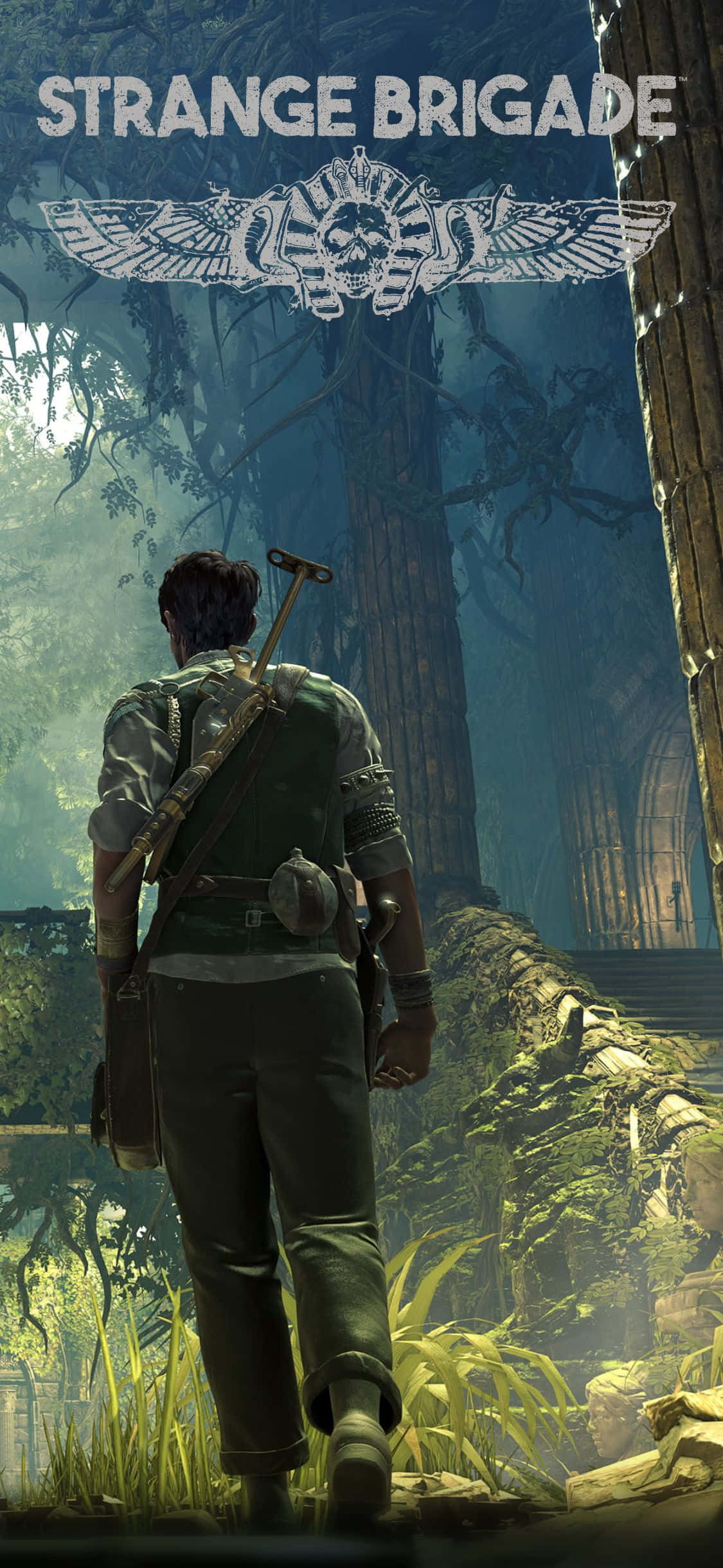 阿基米德·德·昆斯教授 iPhone X Strange Brigade 背景 壁紙 — 一位孤獨的冒險家穿著堅固裝備，在迷霧籠罩的叢林中穿行，走向扭曲樹冠下的古老遺跡。