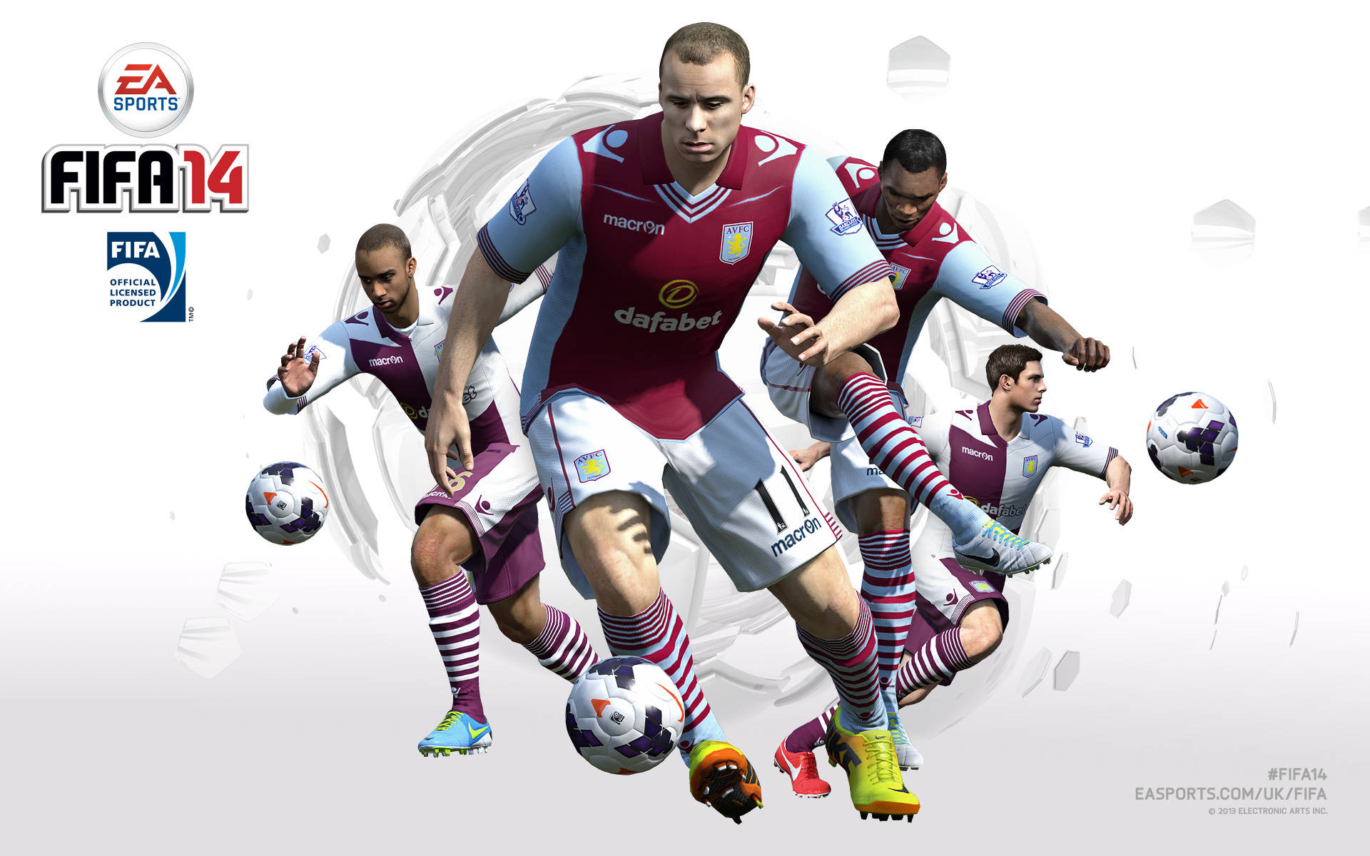 阿士東維拉 FIFA 14海報 壁紙 — 四名身穿阿士東維拉球衣的足球員在風格化的白色背景上動態爭奪足球的控制權。