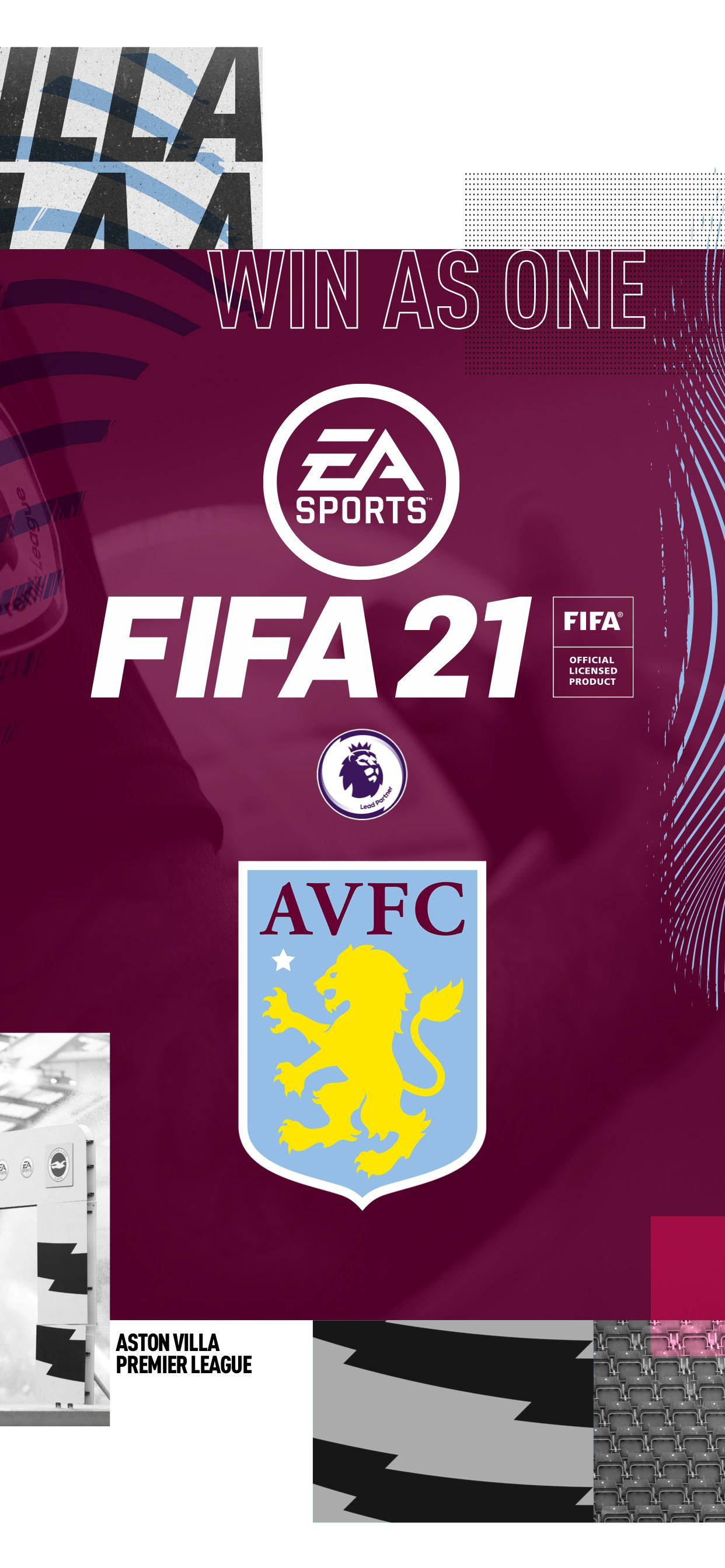 阿士東維拉 FIFA 21 海報 壁紙 — 充滿活力的酒紅色牆紙，帶有EA Sports FIFA 21標誌和阿士東維拉足球會徽章，配以粗體字體和幾何圖案。