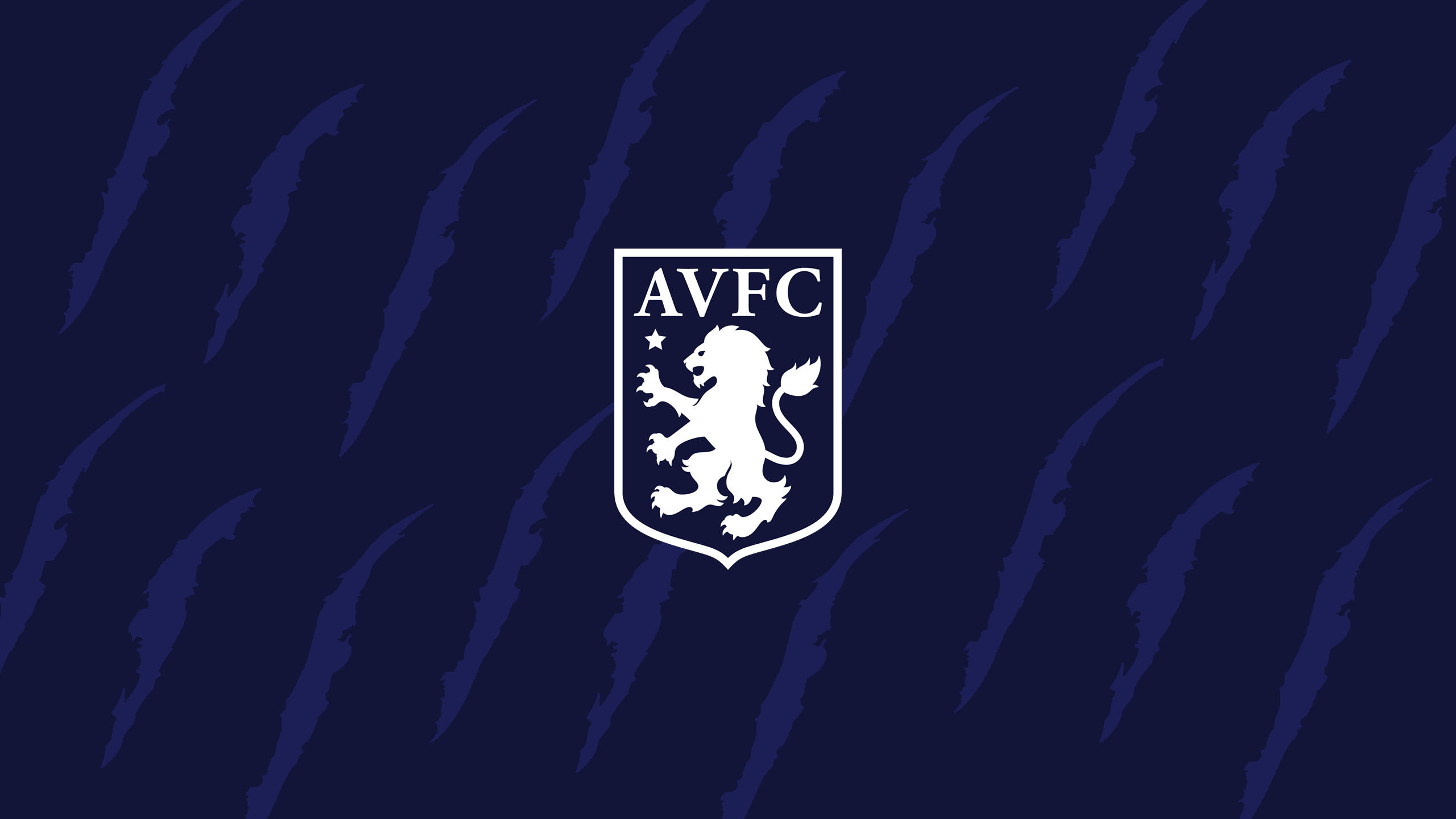 阿士東維拉足球俱樂部藍色版 壁紙 — 白色的AVFC獅子徽章在帶有對角老虎條紋圖案的深藍色背景上醒目地矗立。