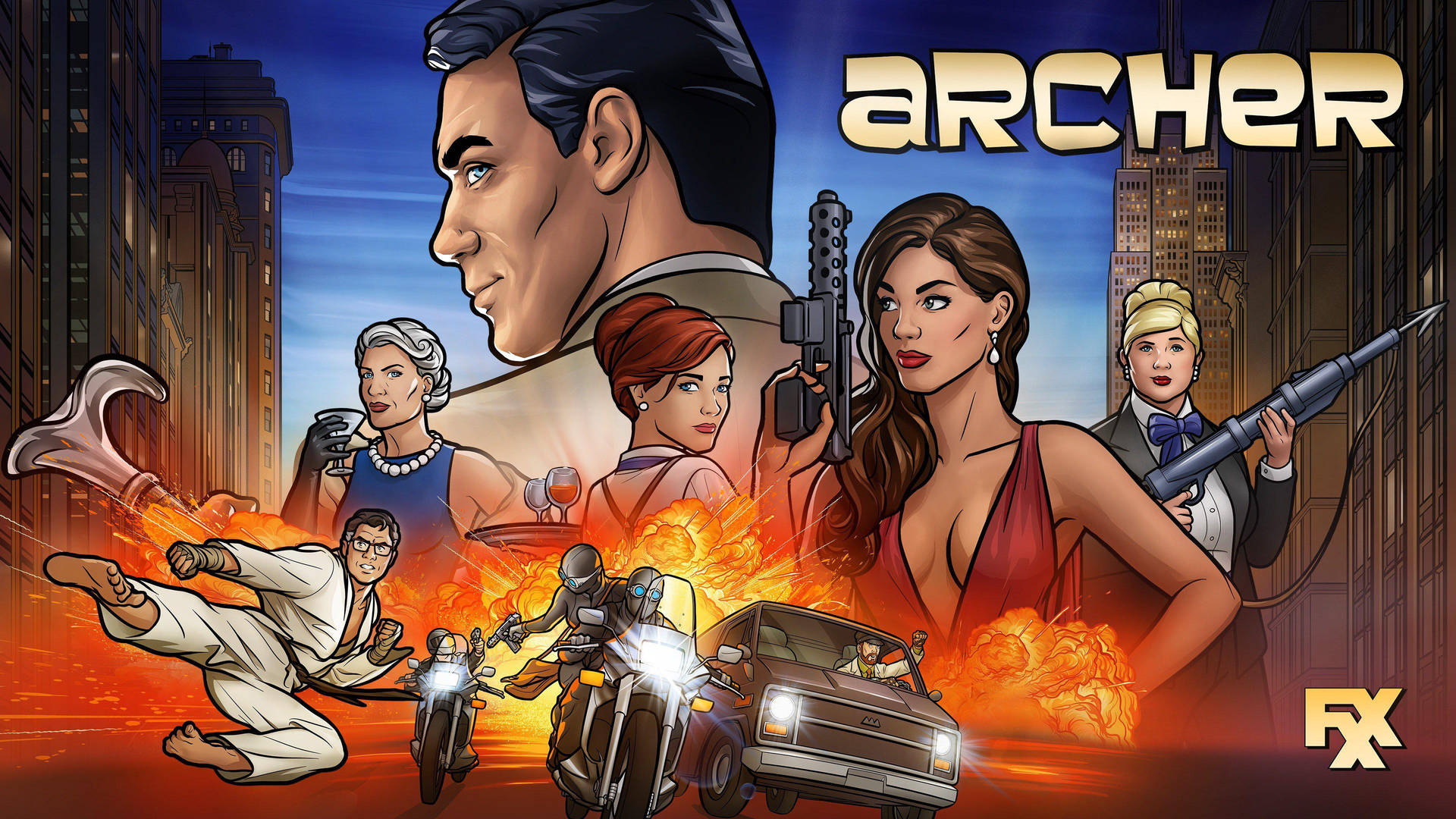 《Archer》動畫電視劇海報，角色們在熊熊燃燒的城市背景下展開行動。