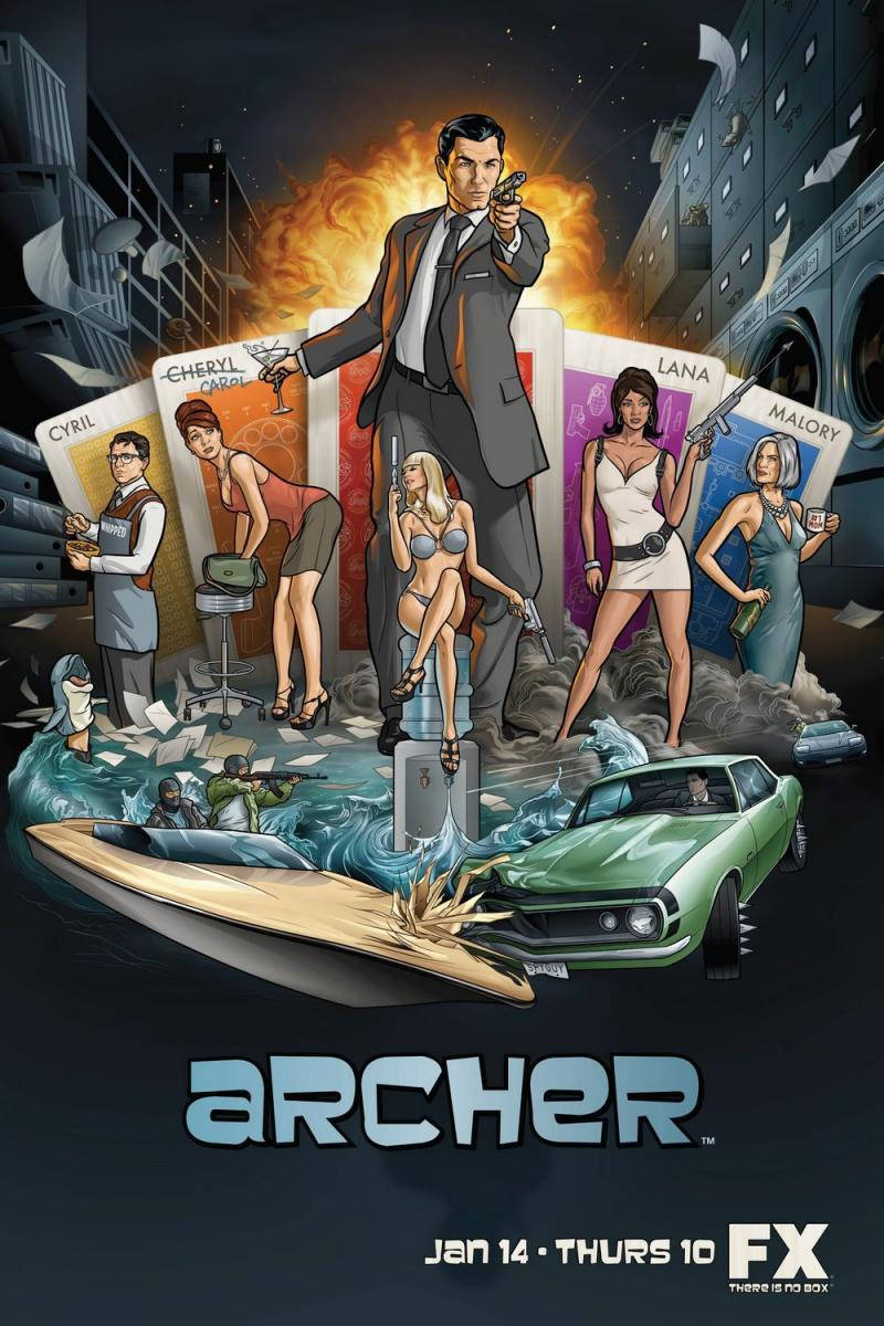 動畫《Archer》電視節目海報，角色和汽車在動作場景中。