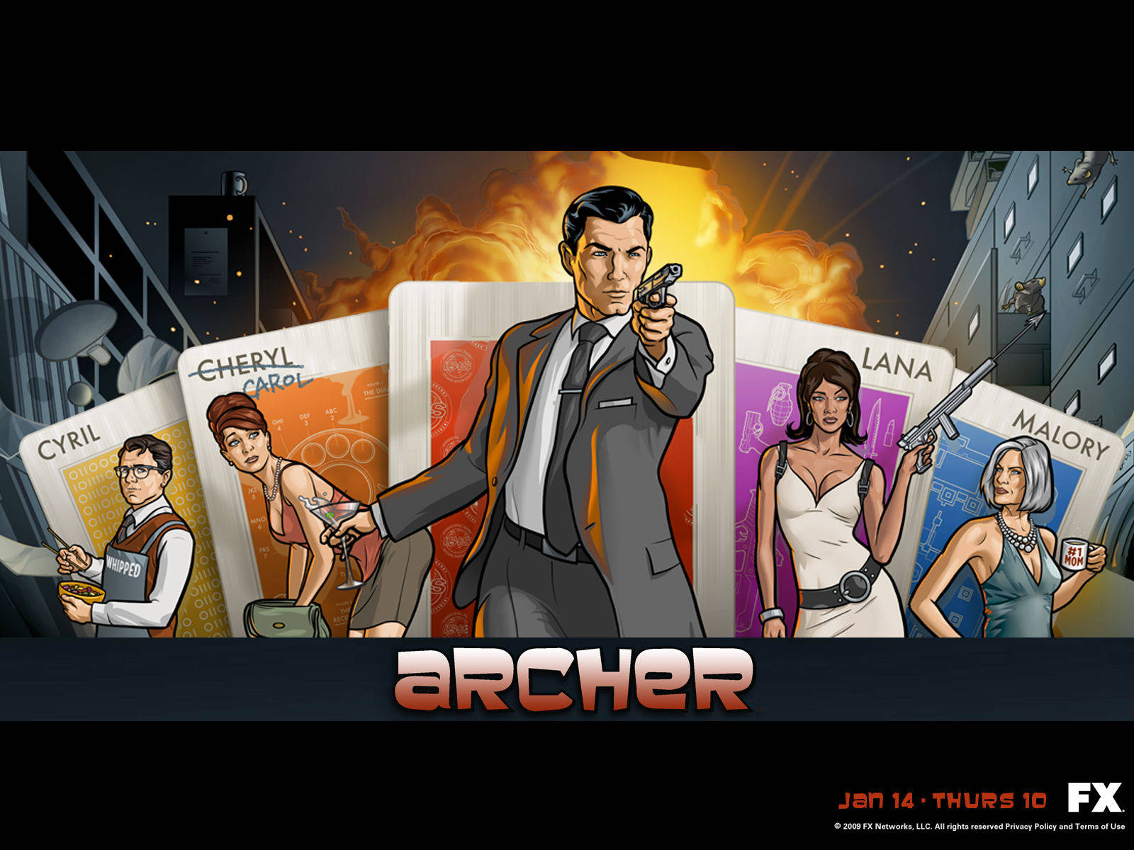 《Archer》動畫電視節目海報，角色出現在撲克牌上，背景是火熱的城市場景。
