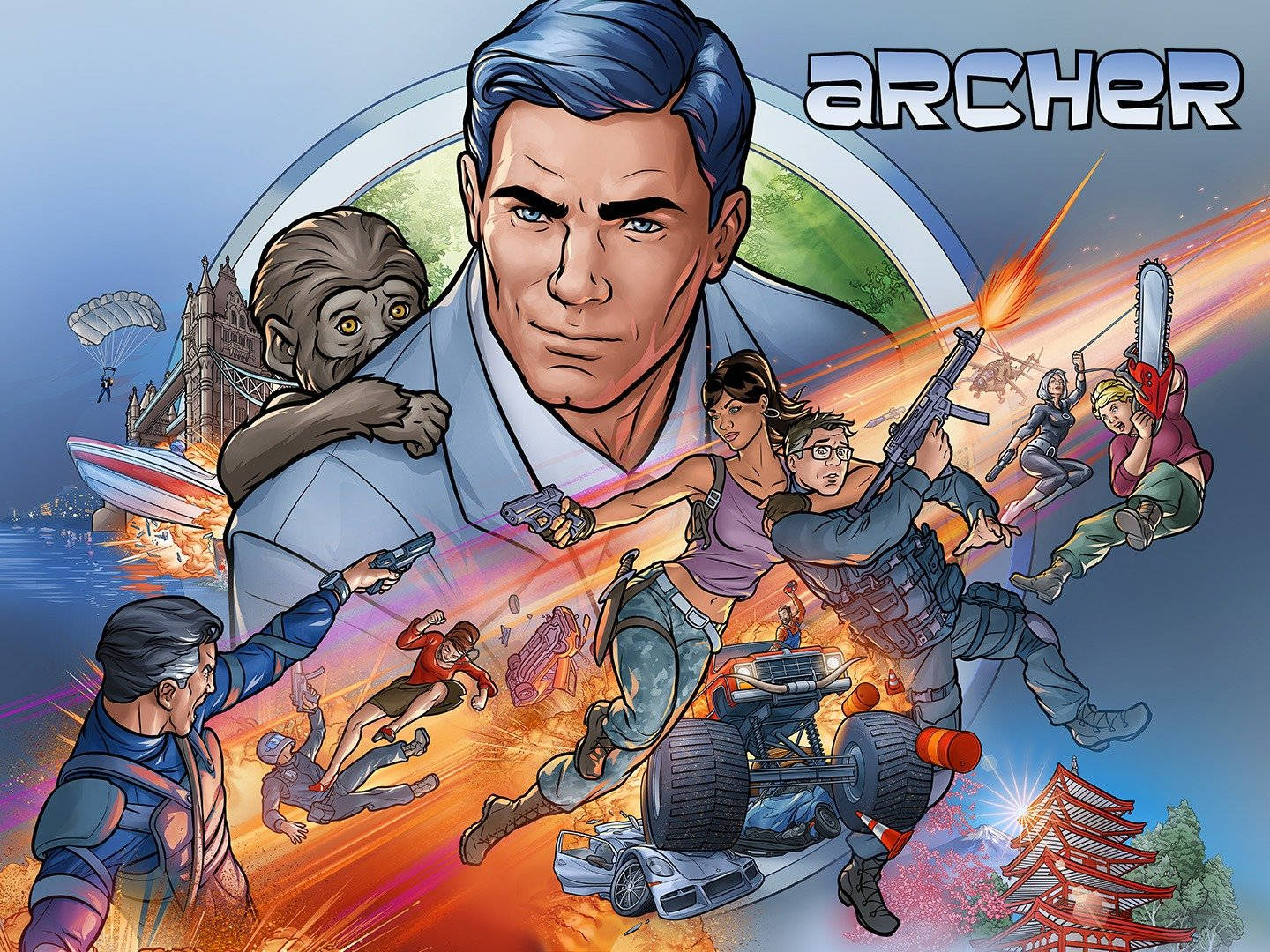 《Archer》電視節目角色在混亂動作場景中，伴有爆炸和地標。