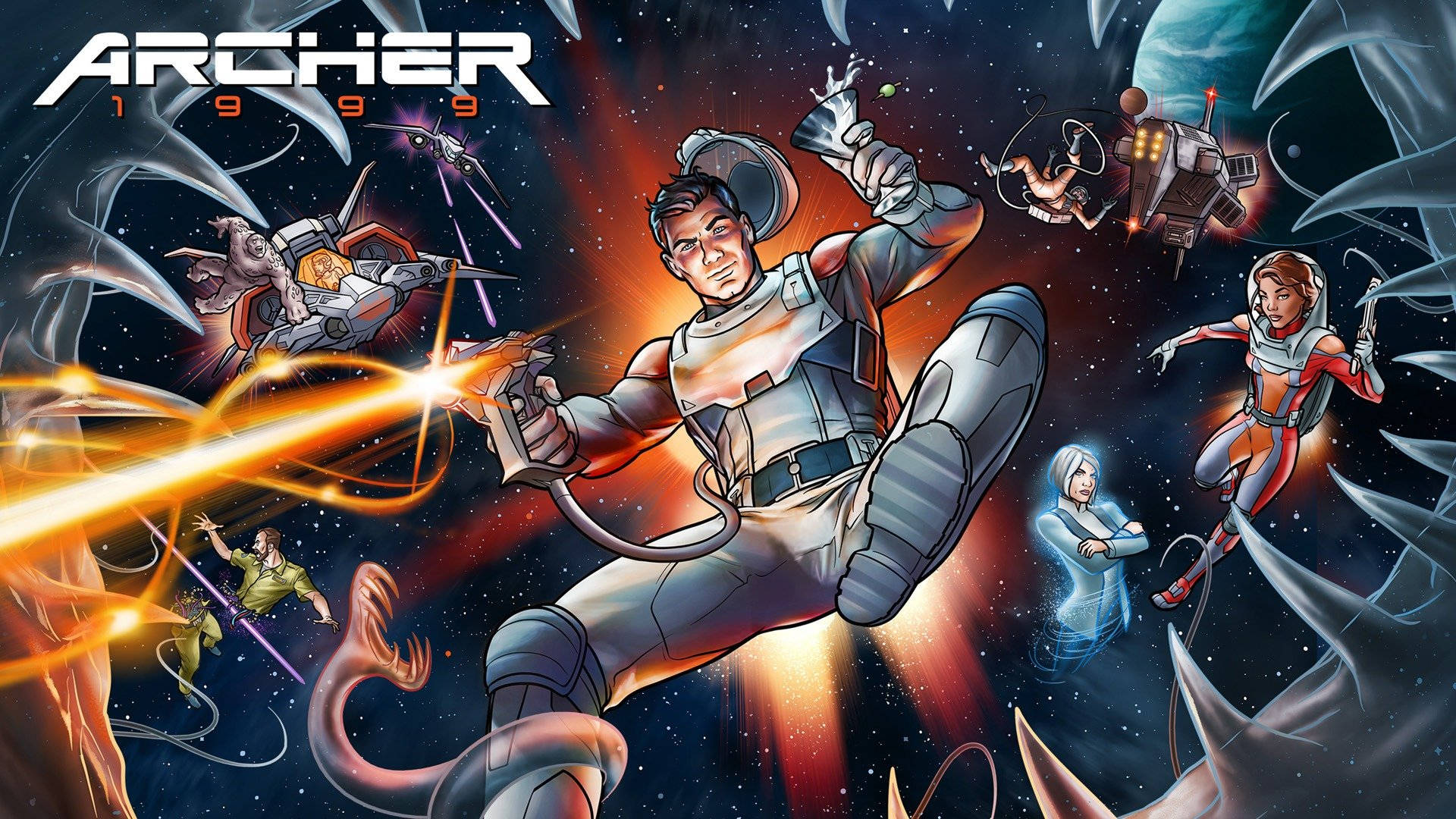 《Archer 1999》太空戰鬥，角色開火，外星飛船在軌道上。