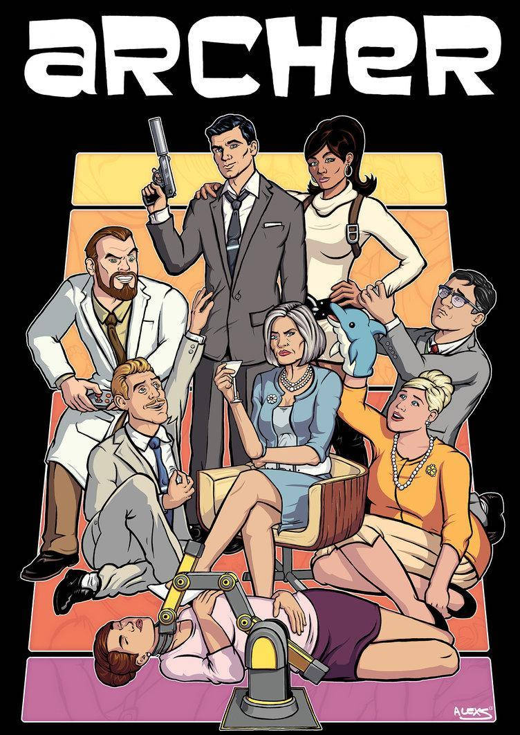 《Archer》電視劇角色穿著復古間諜服裝，為一張戲劇性的卡通海報擺姿勢。