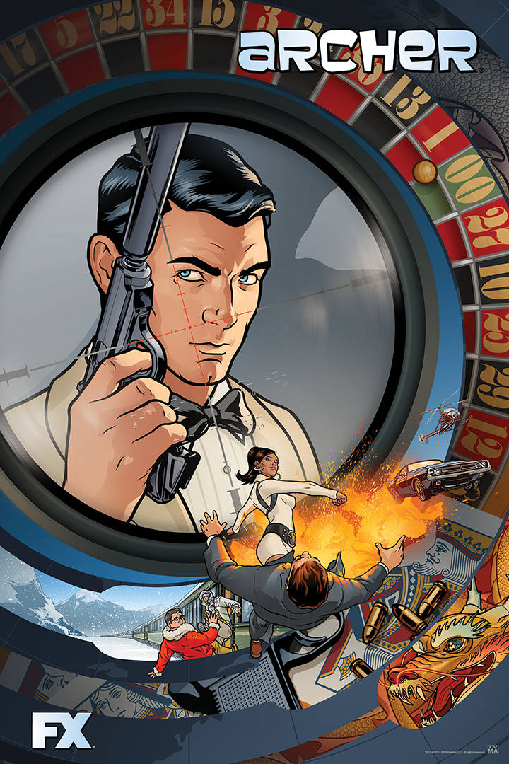 《Archer》電視節目海報，卡通間諜在爆炸和混亂中透過輪盤瞄準槍支。