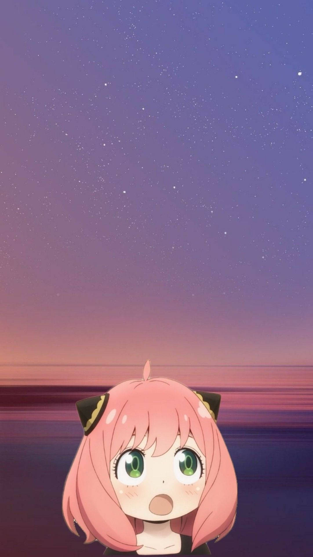 粉紅色頭髮貓耳動漫女孩仰望星光燦爛的暮色天空。