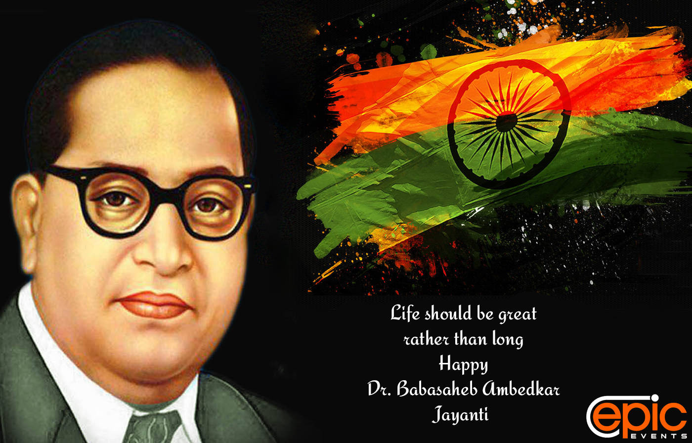 Dr. Babasaheb Ambedkar 的肖像，帶有印度國旗和名言，背景為深色。
