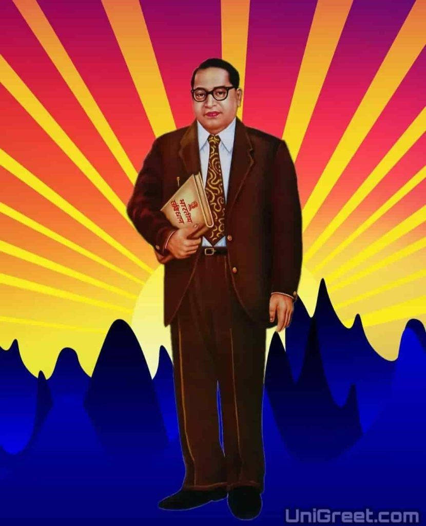 身穿棕色西裝的男子在彩色太陽光線和藍色山脈前手持一本書。