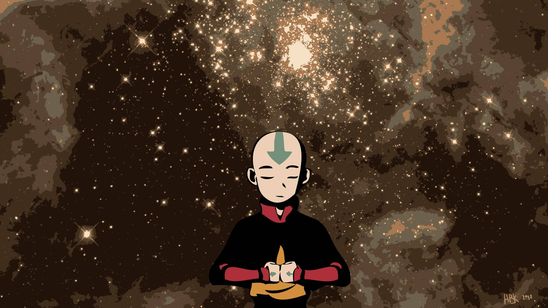 一個年輕的光頭男孩在星空下冥想，頭上有綠色箭頭紋身。