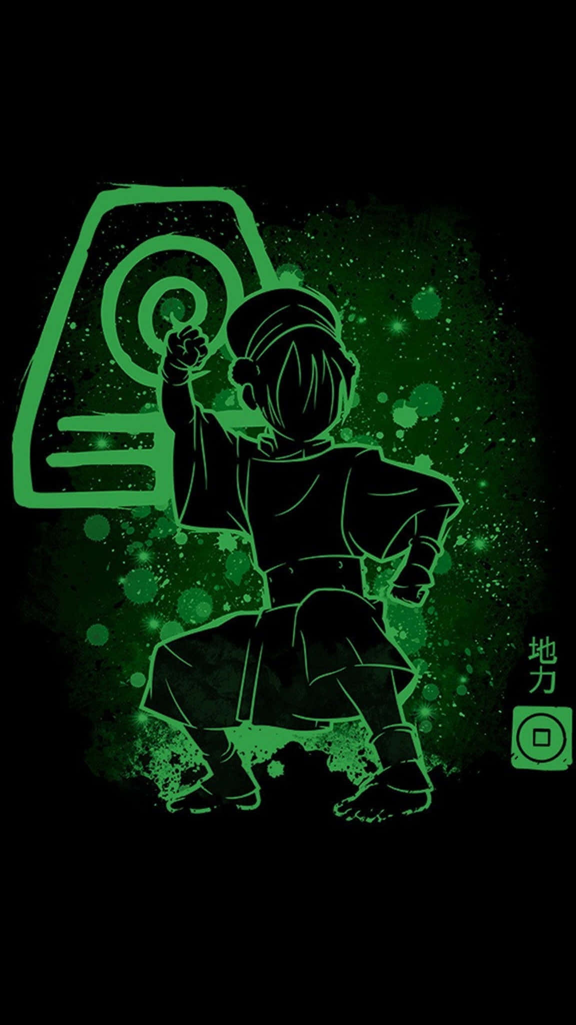 阿安在《最後的氣宗》中融合元素 壁紙 — 一個穿著傳統服飾的兒童的風格化綠色剪影，在深色斑點背景上擊打一個發光的圓形標誌。