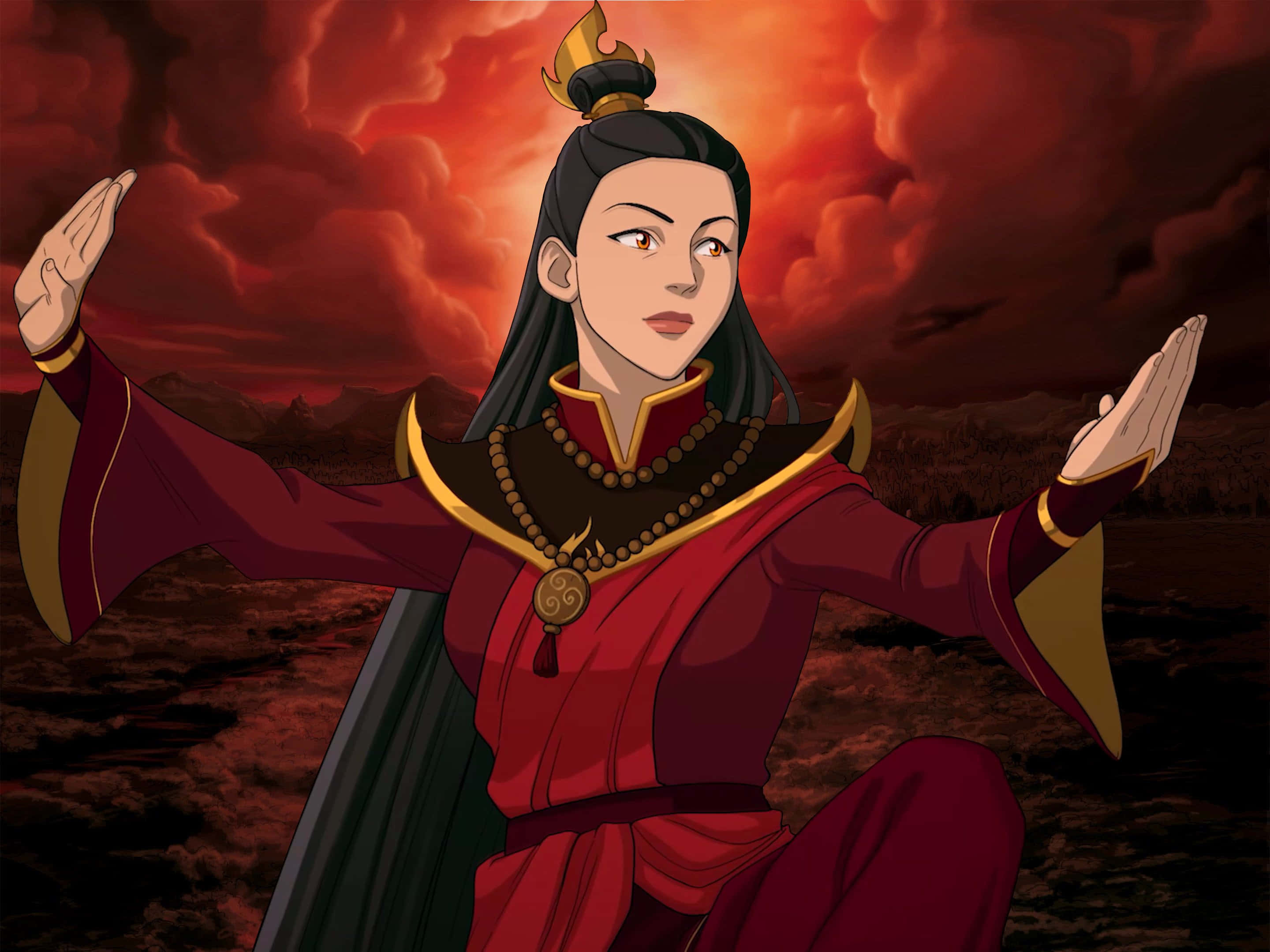 阿安歸來 壁紙 — 一個身穿紅金長袍、意志堅定的女性化身，雙手伸展，面向火紅的天空。